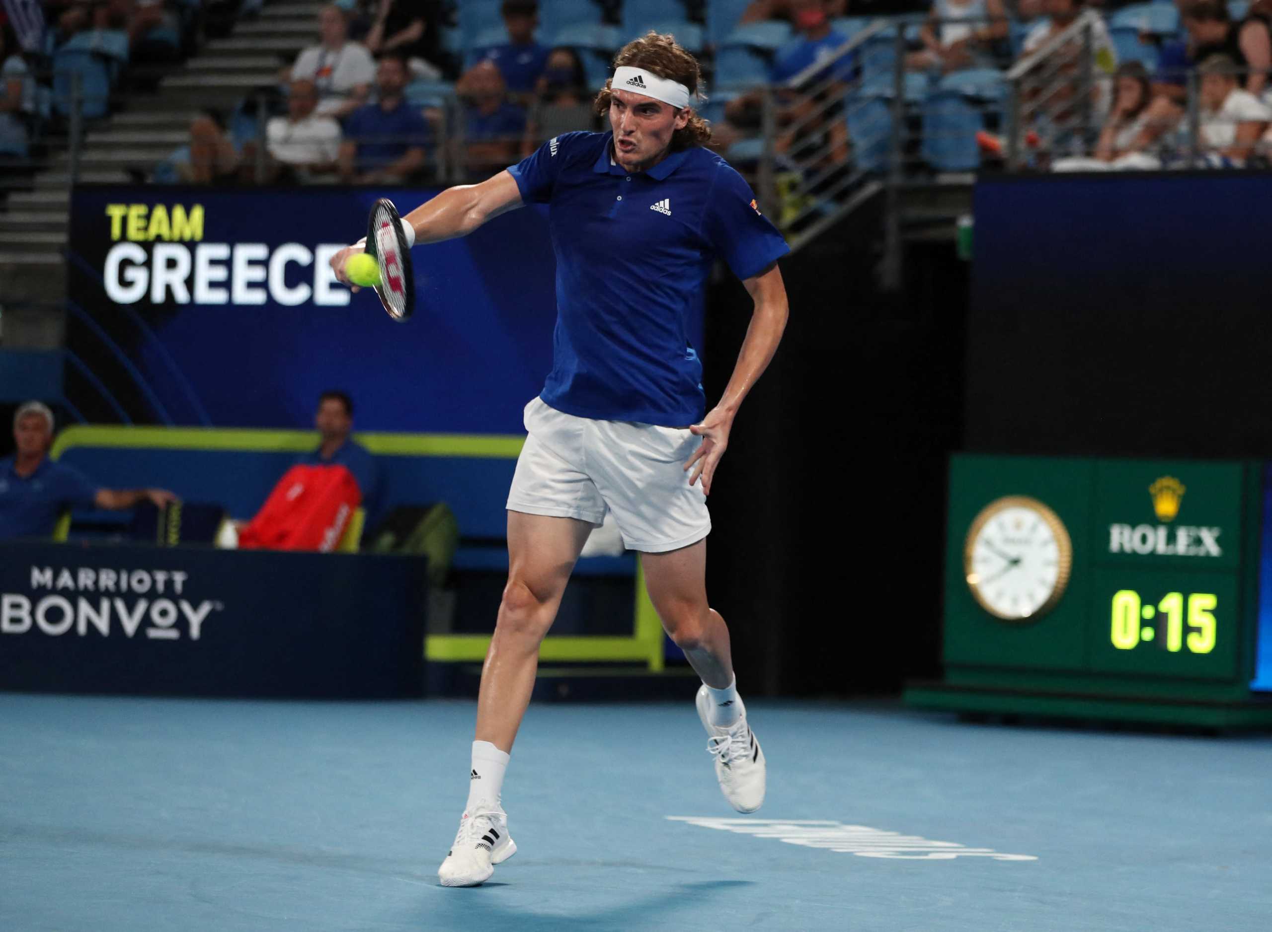 Tennis - ATP Cup - Sydney Olympic Park, Sydney, Australia - January 3, 2022  Greece's Stefanos Tsitsipas in action during his group stage match against Argentina's Diego Schwartzman REUTERS