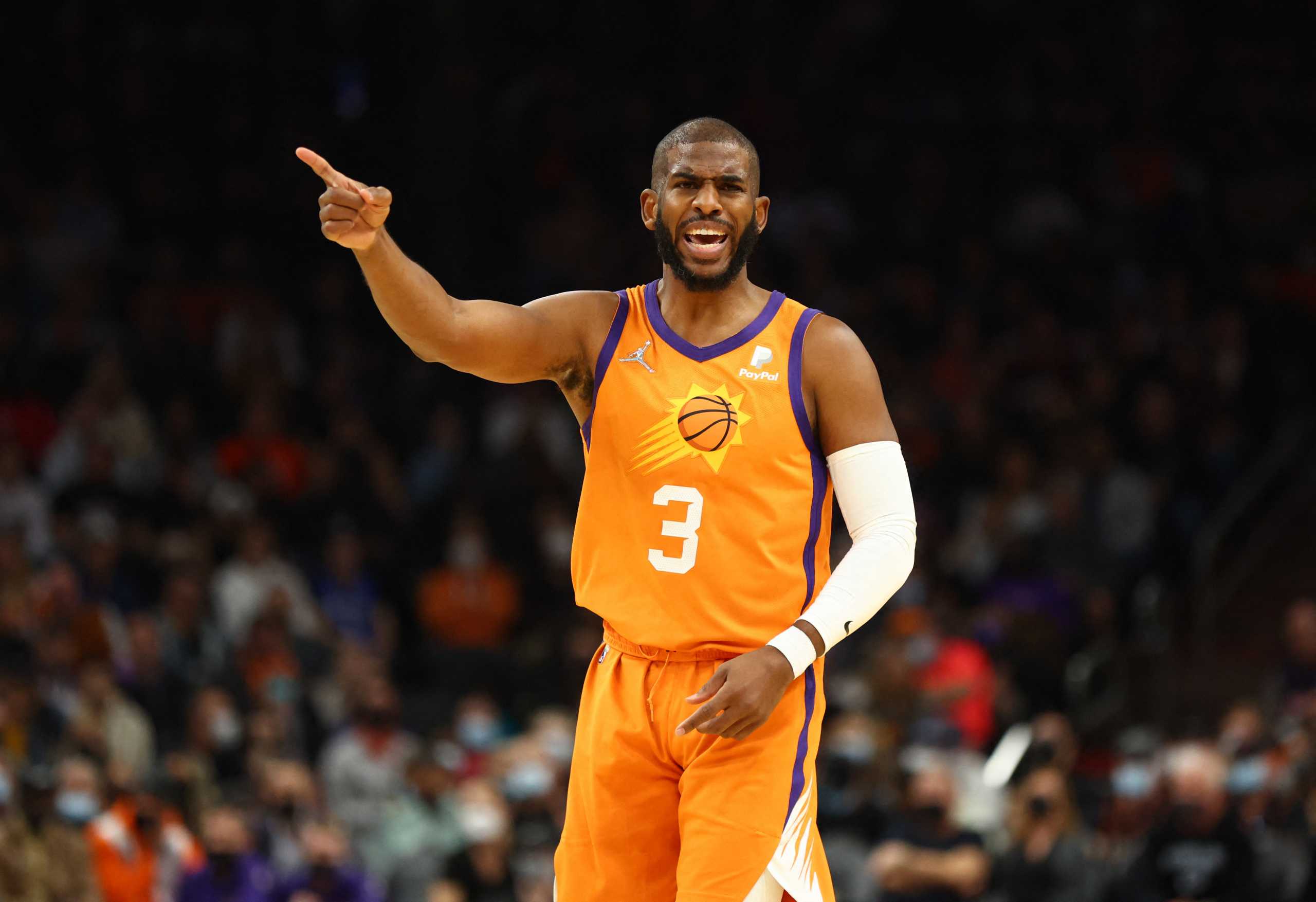 Jan 28, 2022; Phoenix, Arizona, USA; Phoenix Suns guard Chris Paul (3) reacts against the Minnesota Timberwolves in the first half at Footprint Center. Mandatory Credit: Mark J. Rebilas-USA TODAY Sports