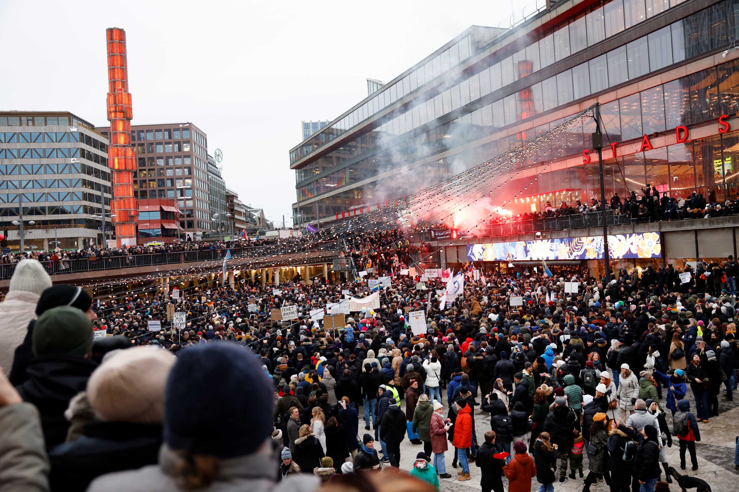Protestors against the coronavirus disease (COVID-19) vaccine attend a demonstration on the theme "For a free Sweden without vaccine pass", in Stockholm, Sweden January 22, 2022.  Fredrik Persson