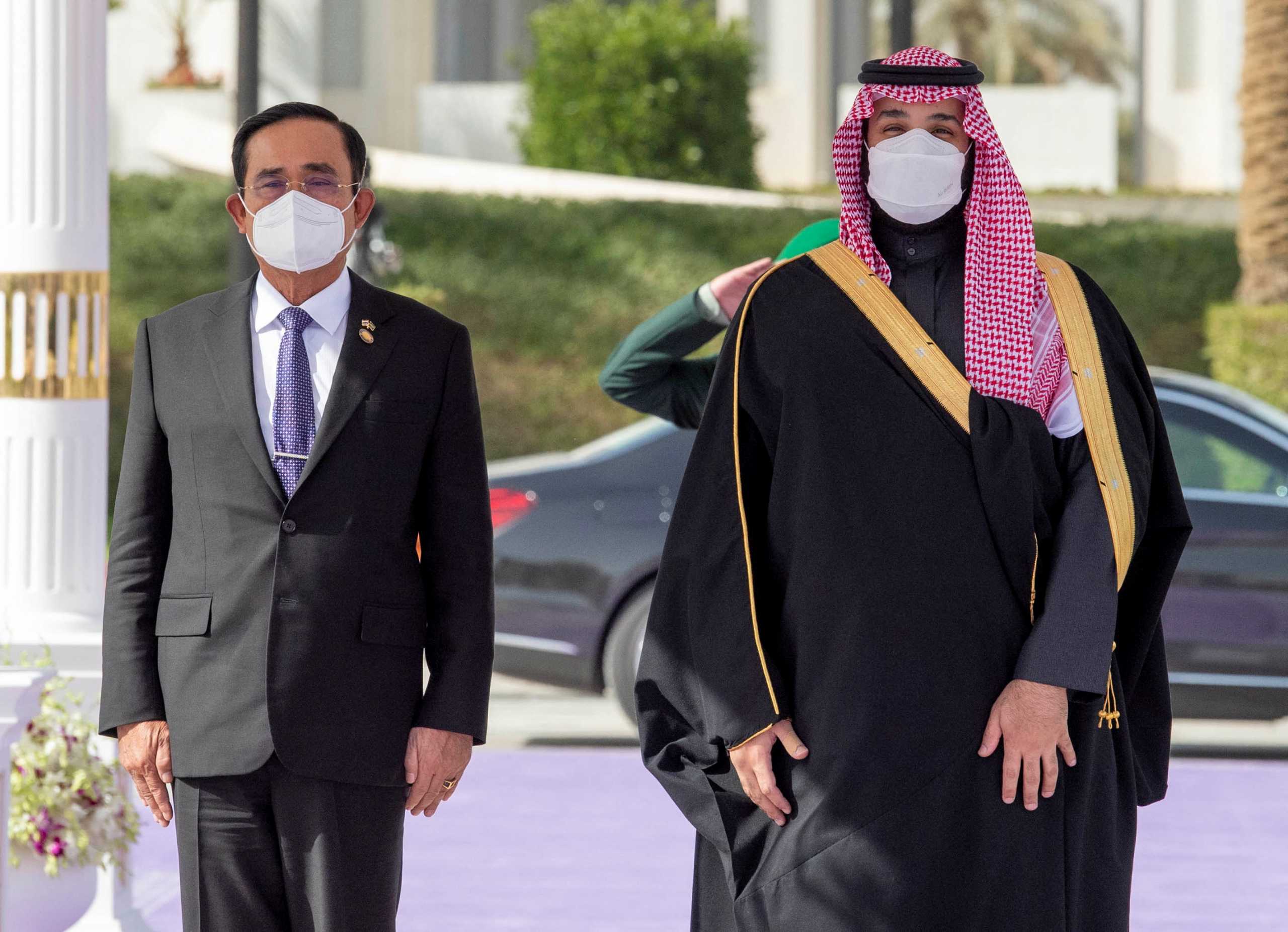 Saudi Crown Prince, Mohammed bin Salman receives Thailand's Prime Minister Prayuth Chan-ocha in Riyadh, Saudi Arabia, January 25, 2022. Bandar Algaloud