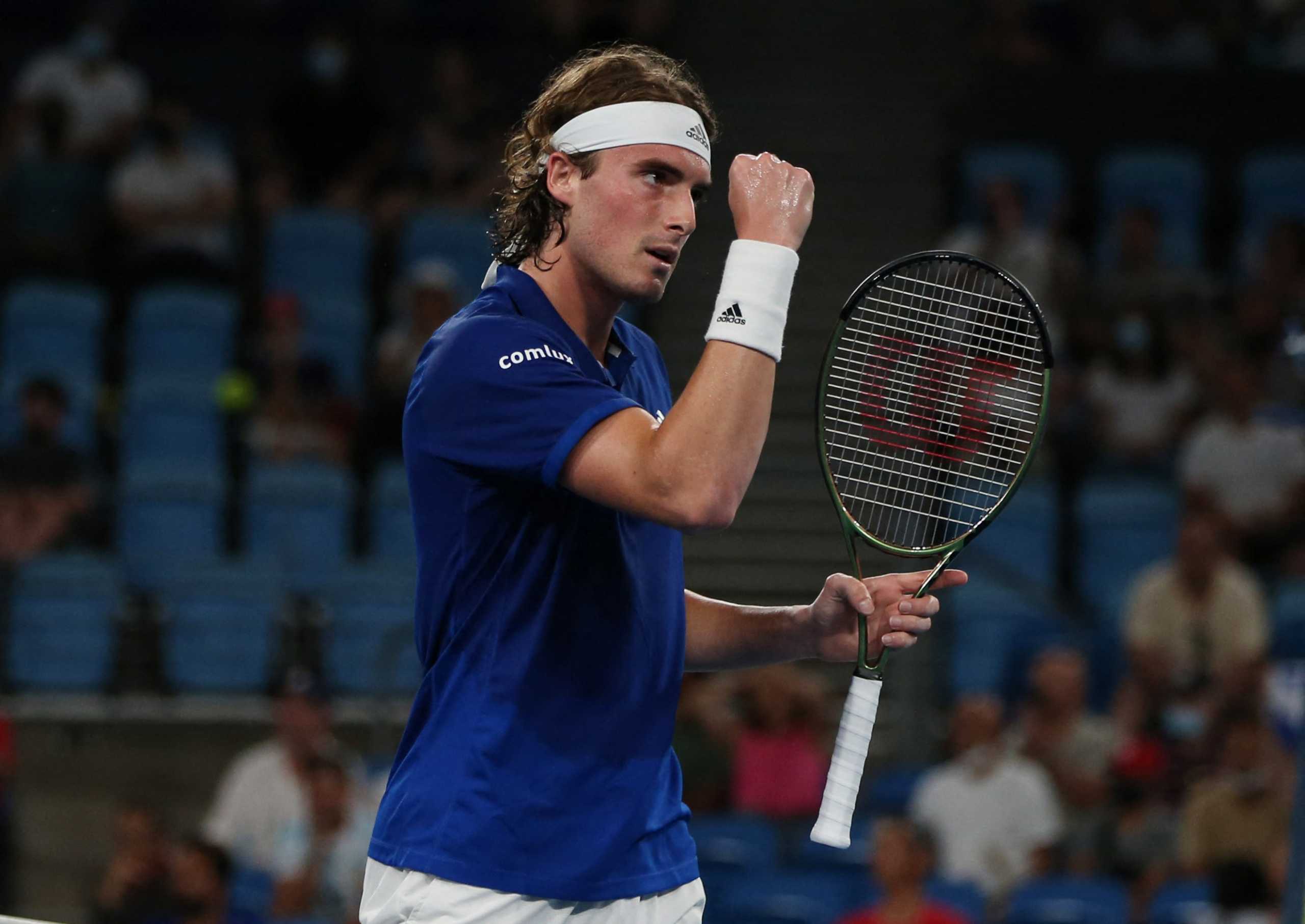 Tennis - ATP Cup - Sydney Olympic Park, Sydney, Australia - January 3, 2022  Greece's Stefanos Tsitsipas reacts during his group stage match against Argentina's Diego Schwartzman REUTERS