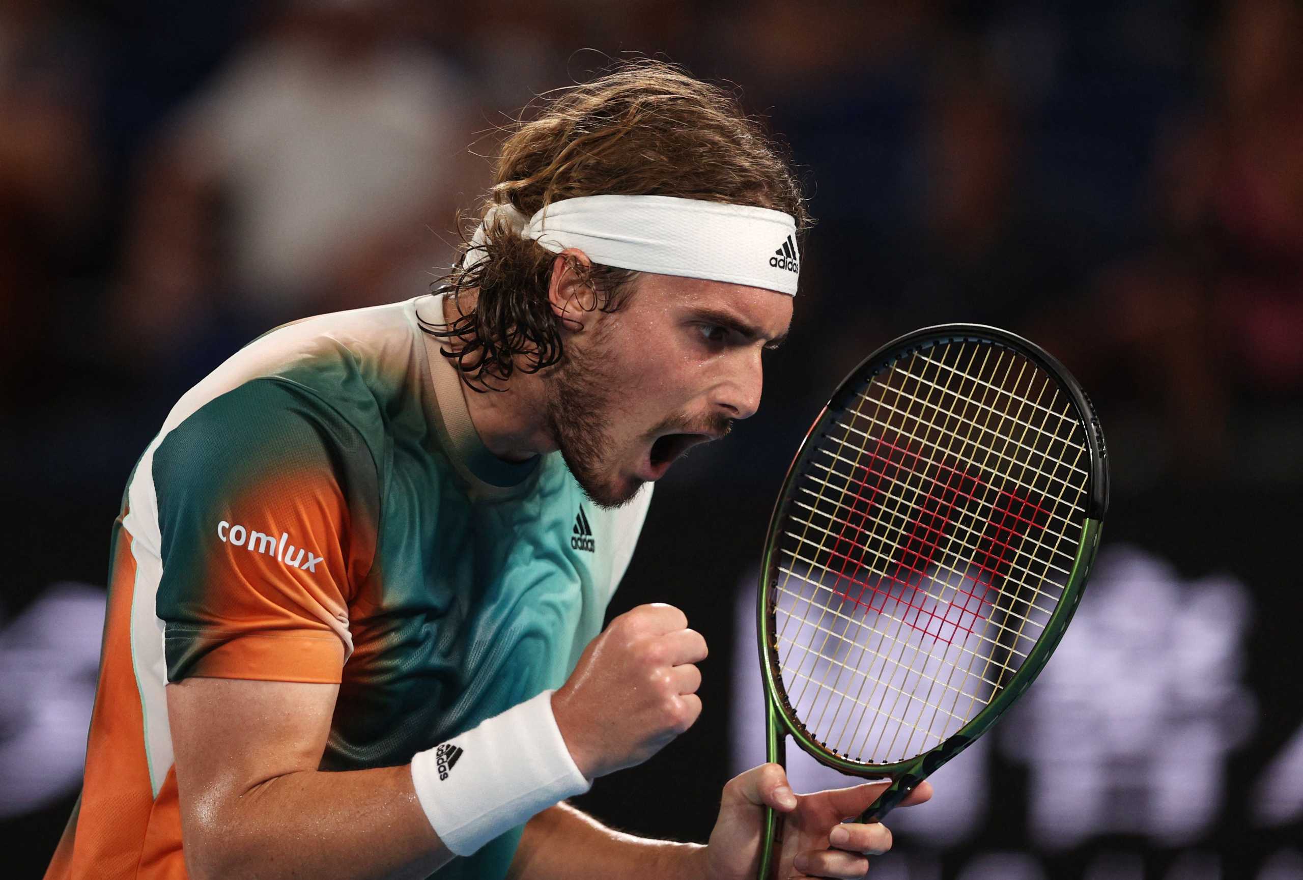 Tennis - Australian Open - Melbourne Park, Melbourne, Australia - January 24, 2022  Greece's Stefanos Tsitsipas reacts during his fourth round match against Taylor Fritz of the U.S. REUTERS