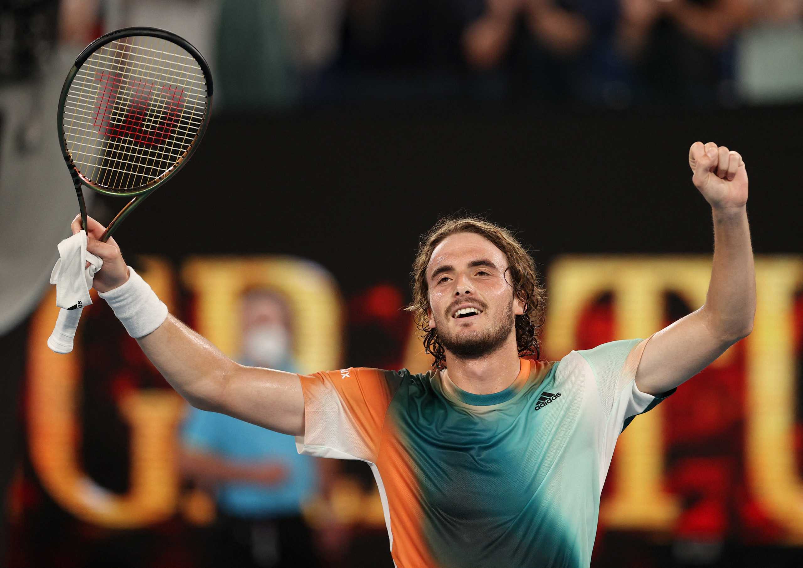 Tennis - Australian Open - Melbourne Park, Melbourne, Australia - January 24, 2022  Greece's Stefanos Tsitsipas celebrates winning his fourth round match against Taylor Fritz of the U.S. REUTERS