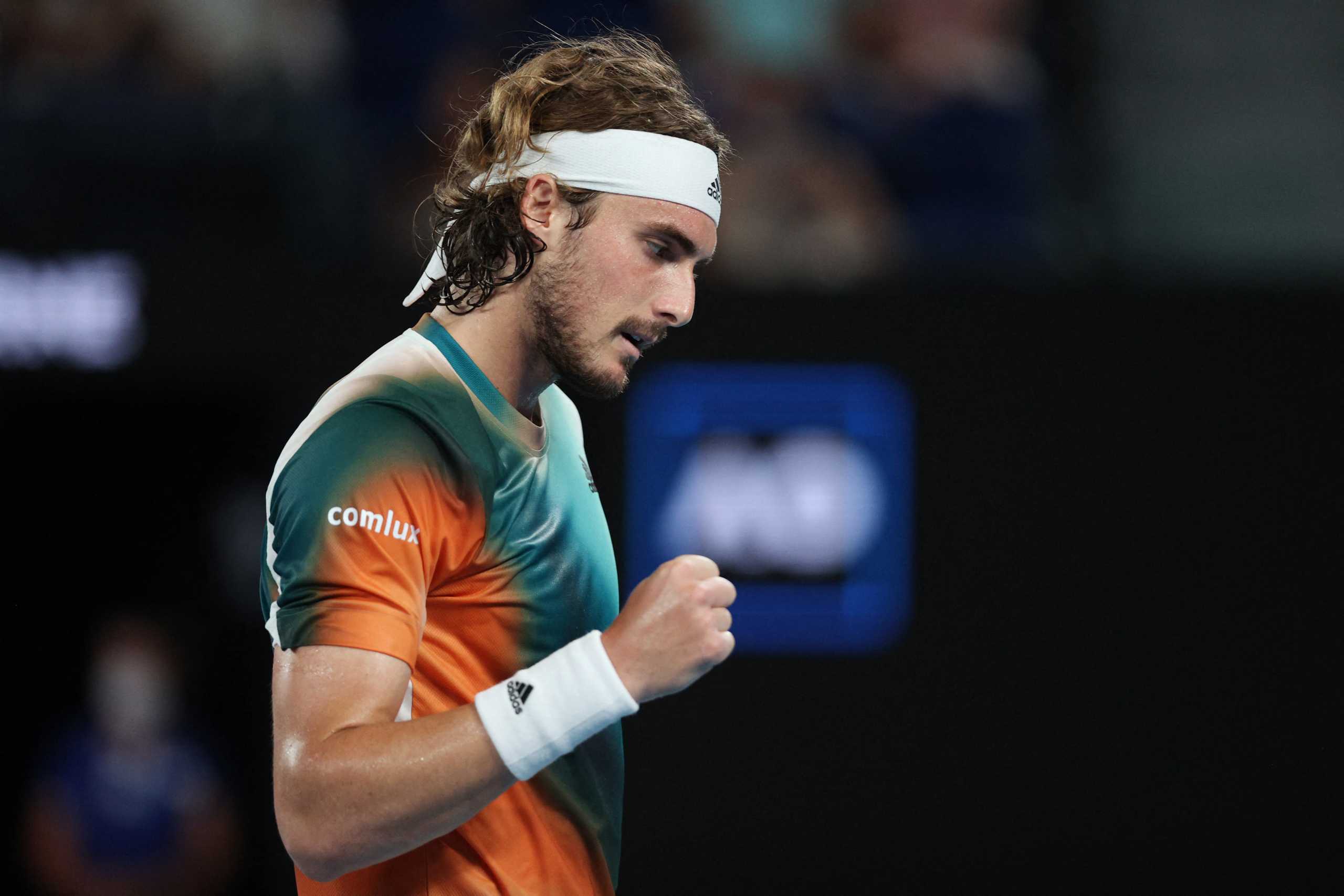 Tennis - Australian Open - Melbourne Park, Melbourne, Australia - January 24, 2022  Greece's Stefanos Tsitsipas reacts during his fourth round match against Taylor Fritz of the U.S. REUTERS