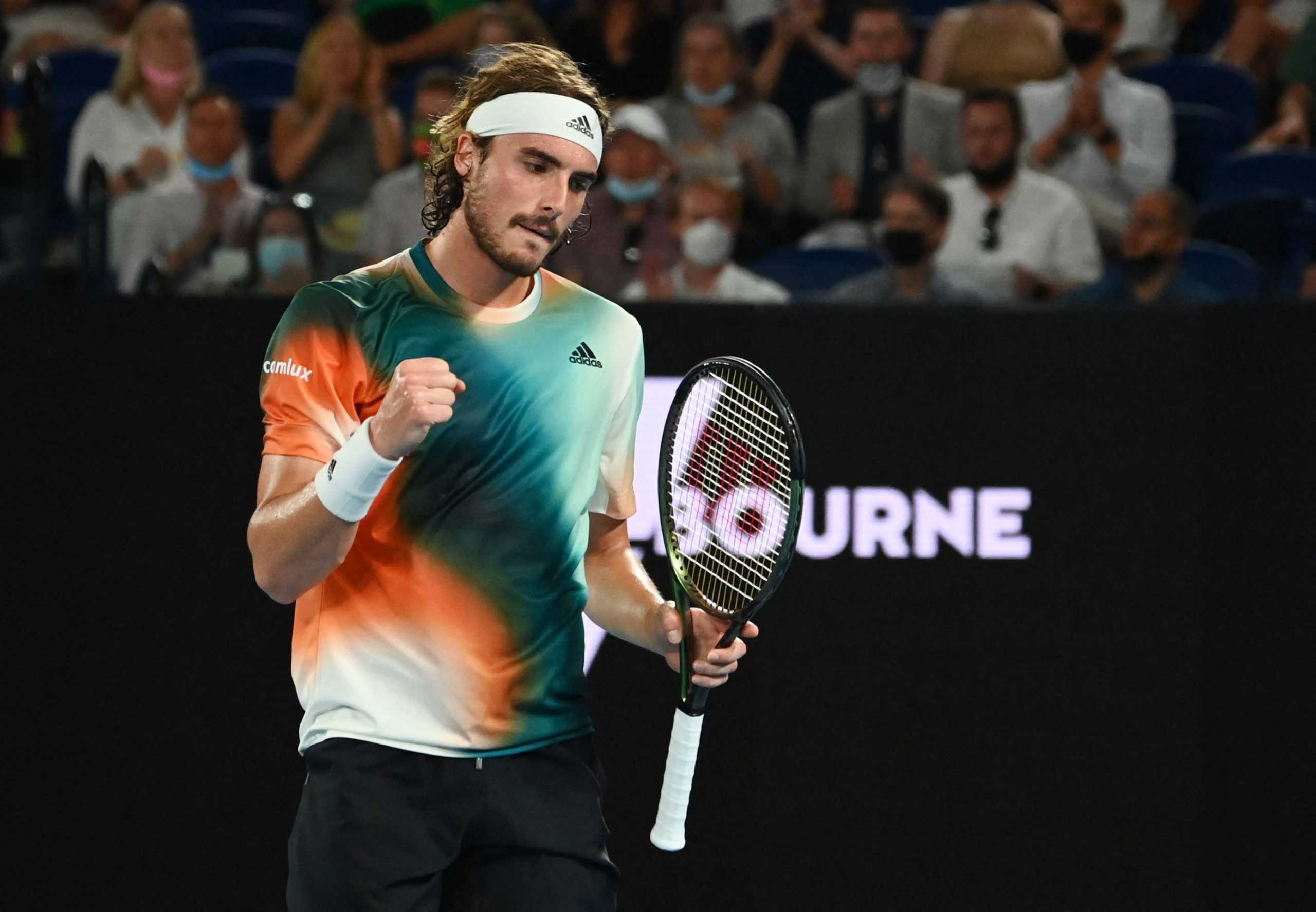 Tennis - Australian Open - Melbourne Park, Melbourne, Australia - January 24, 2022  Greece's Stefanos Tsitsipas reacts during his fourth round match against Taylor Fritz of the U.S. REUTERS