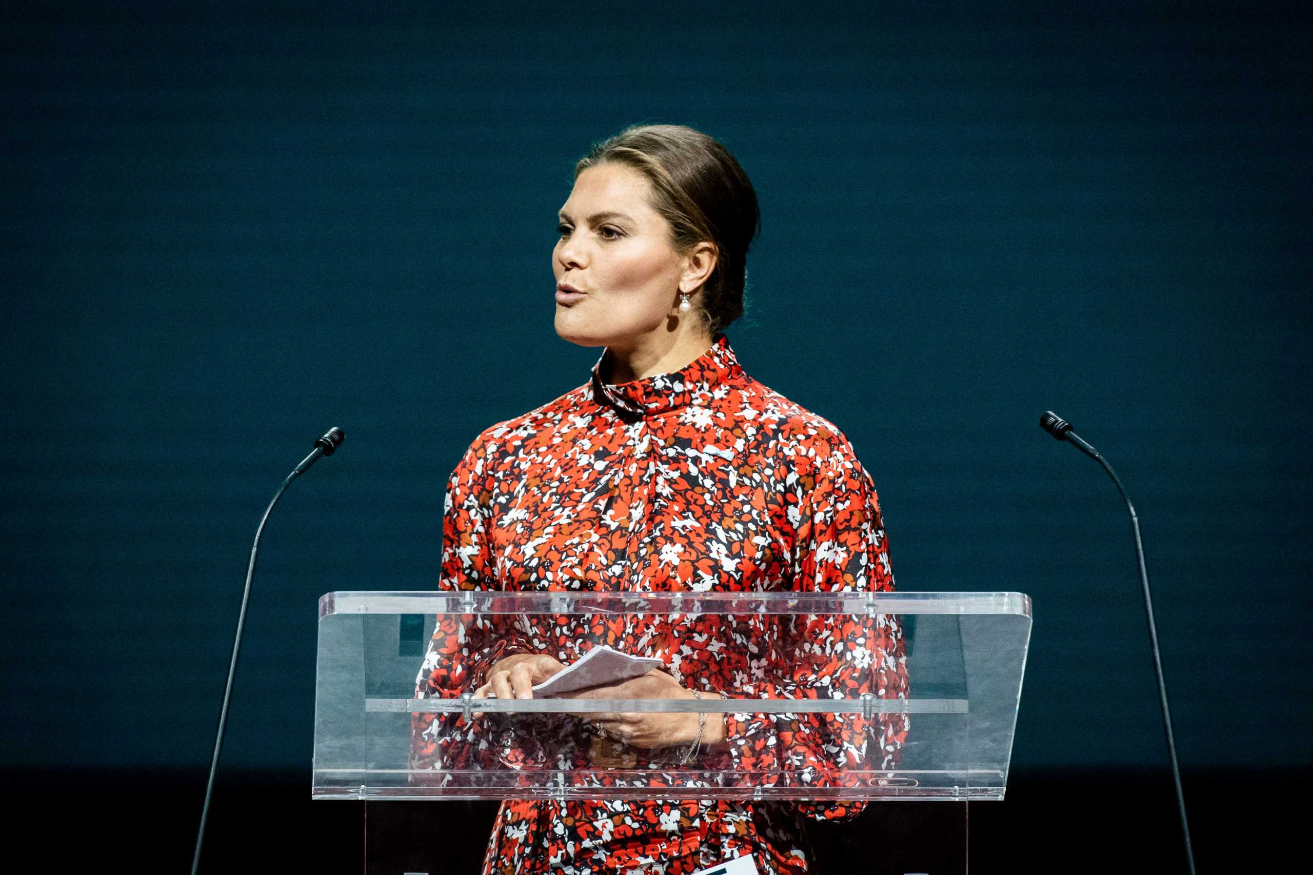 FILE PHOTO: Sweden's Crown Princess Victoria speaks at the Confederation of Danish Industry Summit 2019 in the Concert Hall in Copenhagen, Denmark September 17, 2019. Ritzau Scanpix