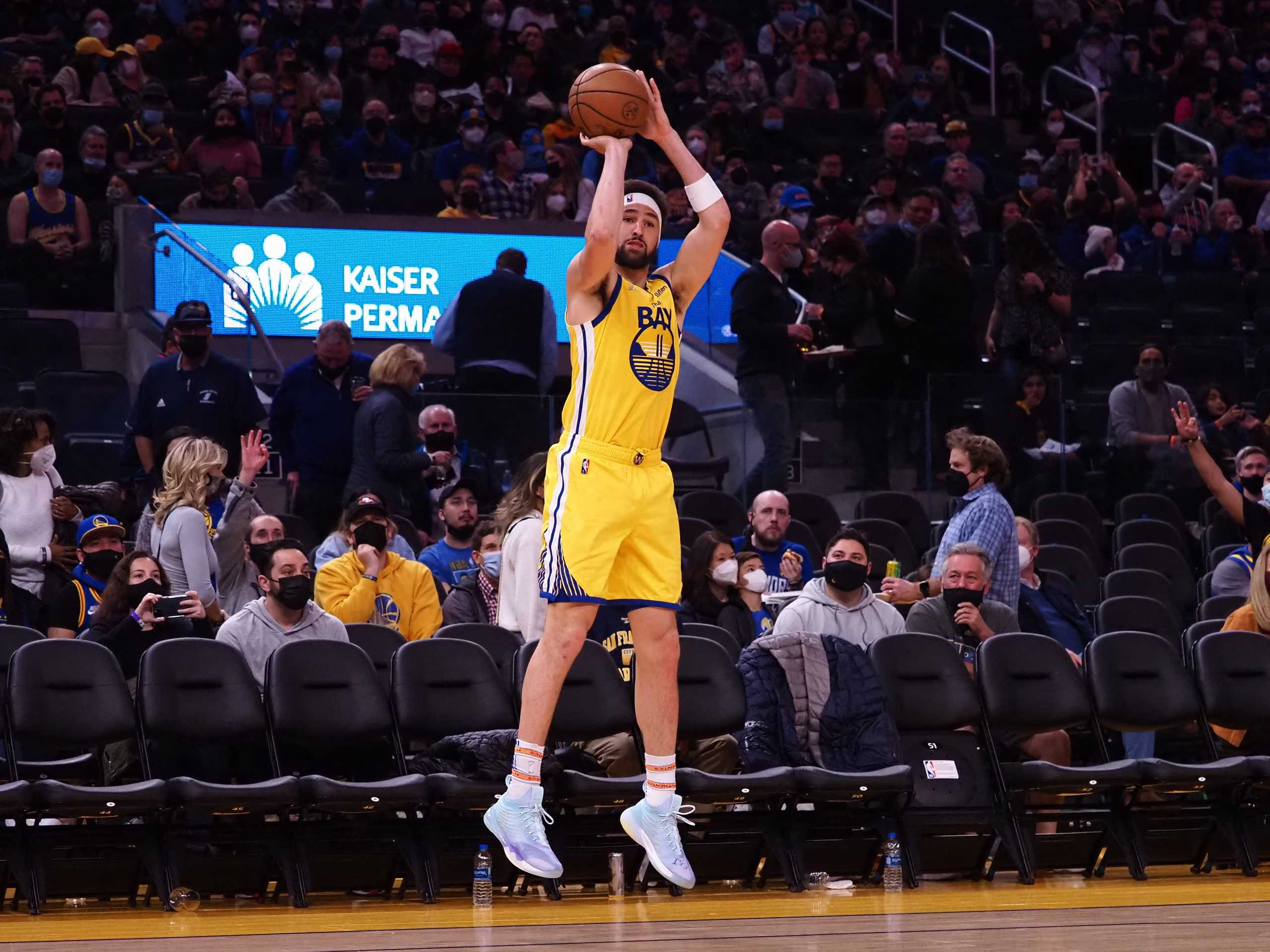 Jan 27, 2022; San Francisco, California, USA; Golden State Warriors guard Klay Thompson (11) scores a three point basket against the Minnesota Timberwolves during the third quarter at Chase Center. Mandatory Credit: Kelley L Cox-USA TODAY Sports