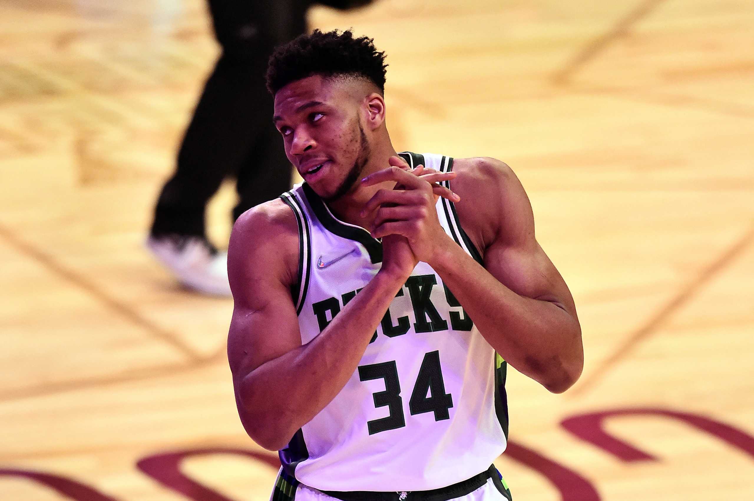 Feb 19, 2022; Cleveland, OH, USA; Team Antetokounmpo player Giannis Antetokounmpo (34) warms up during the 2022 NBA All-Star Saturday Night at Rocket Mortgage Field House. Mandatory Credit: Ken Blaze-USA TODAY Sports