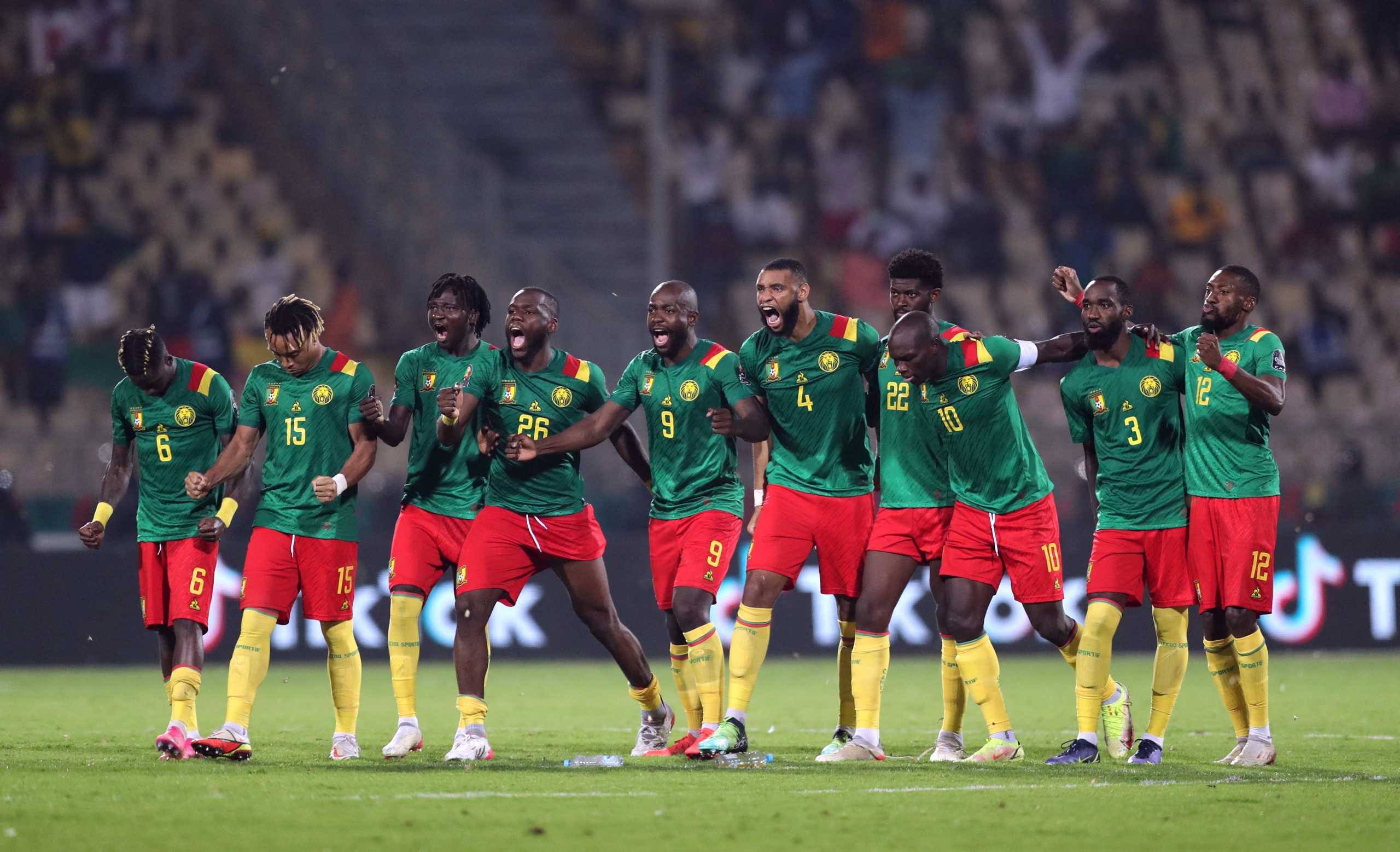 Soccer Football - Africa Cup of Nations - Third Place Playoff Match - Burkina Faso v Cameroon - Ahmadou Ahidjo Stadium, Yaounde, Cameroon - February 5, 2022  Cameroon players react during the penalty shoot-out REUTERS