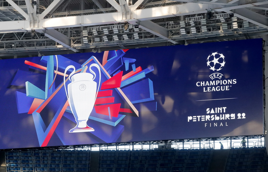 epa09481220 A view of the official UEFA Champions League banner during UEFA Champions League officials inspection at the Gazprom Arena in St. Petersburg, Russia, 22 September 2021.  Gazprom Arena Stadium was chosen as the venue to host 2021