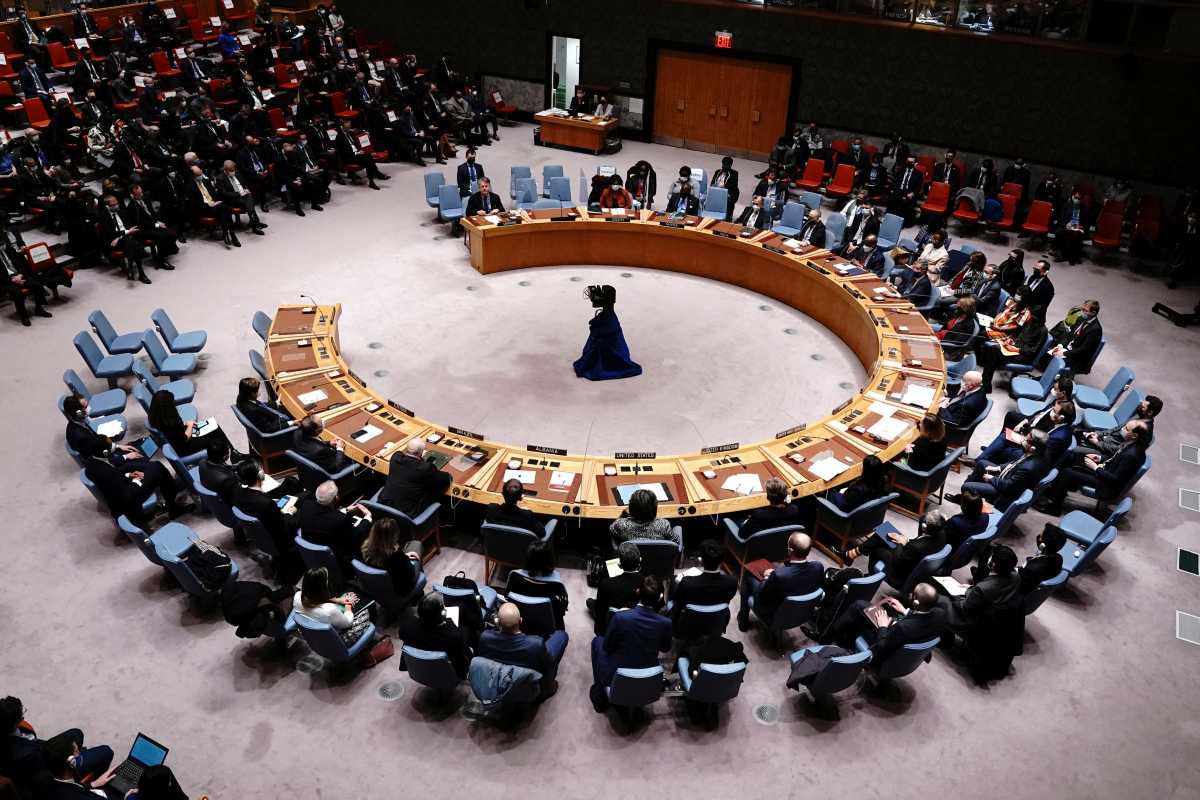 UN Ambassadors hold a minute's silence for Ukraine during a United Nations Security Council meeting, on a resolution regarding Russia's actions toward Ukraine, at the United Nations Headquarters in New York City, U.S., February 25, 2022. REUTERS