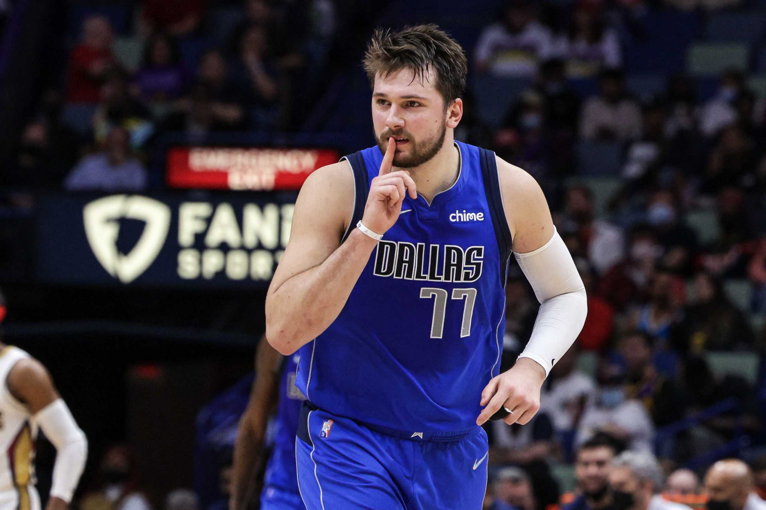 Feb 17, 2022; New Orleans, Louisiana, USA; Dallas Mavericks guard Luka Doncic (77) reacts to a play against the New Orleans Pelicans during the second half at the Smoothie King Center. Mandatory Credit: Stephen Lew-USA TODAY Sports