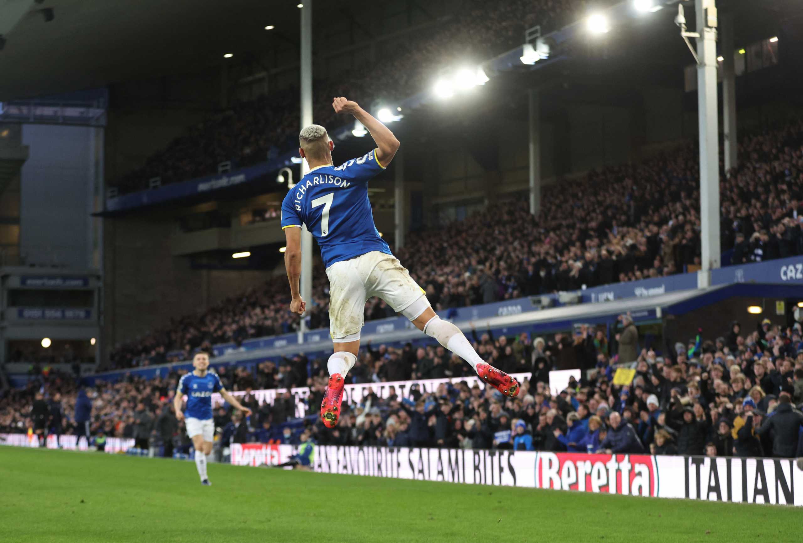 Soccer Football - Premier League - Everton v Leeds United - Goodison Park, Liverpool, Britain - February 12, 2022 Everton's Richarlison celebrates scoring their third goal Action Images via Reuters