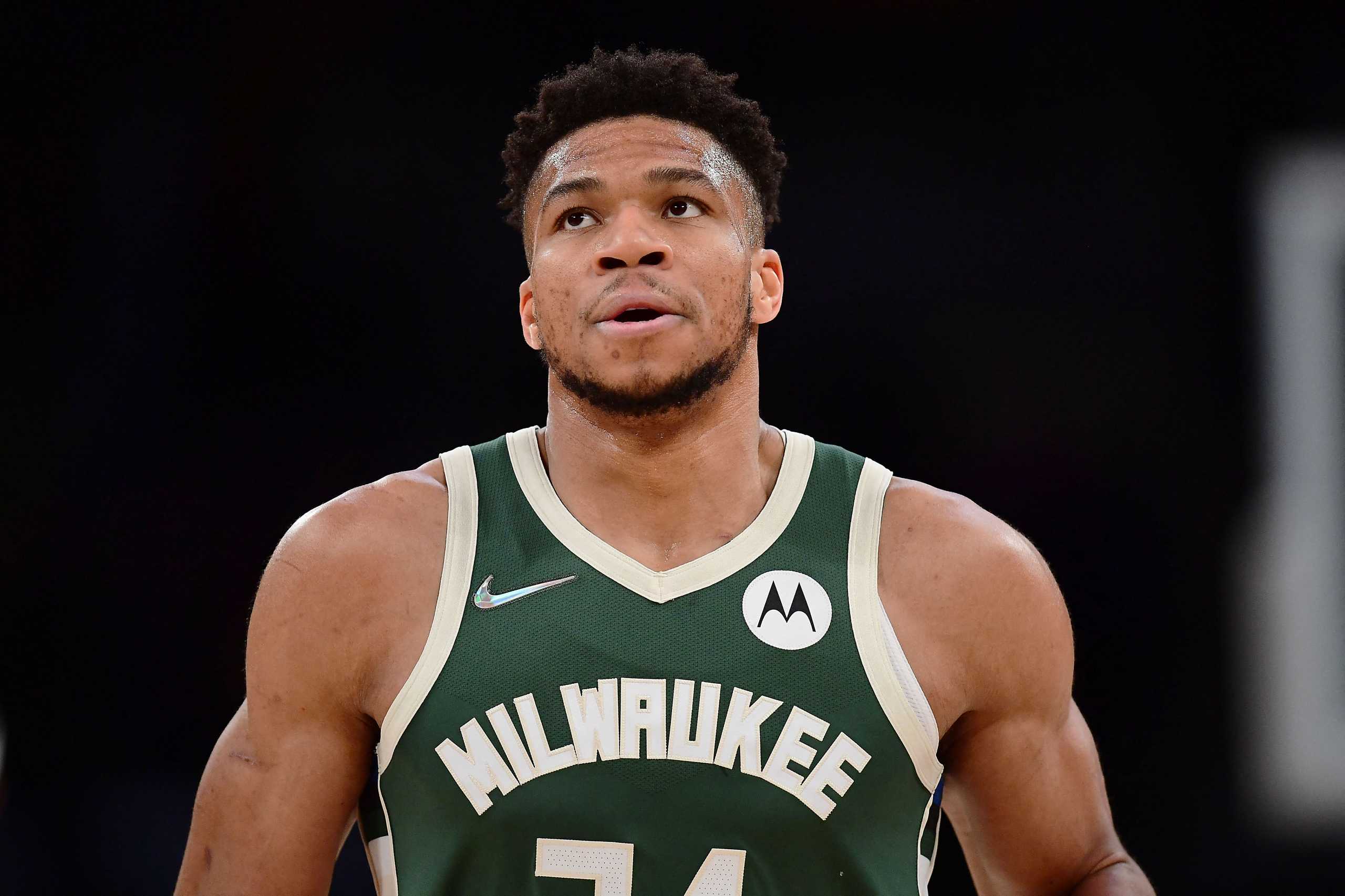 Feb 8, 2022; Los Angeles, California, USA; Milwaukee Bucks forward Giannis Antetokounmpo (34) reacts against the Los Angeles Lakers during the first half at Crypto.com Arena. Mandatory Credit: Gary A. Vasquez-USA TODAY Sports