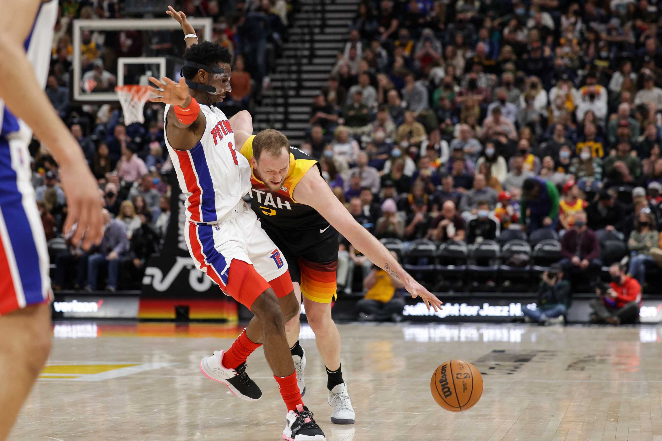 Jan 21, 2022; Salt Lake City, Utah, USA;  Utah Jazz guard Joe Ingles (2) is fouled by Detroit Pistons guard Hamidou Diallo (6) during the third quarter at Vivint Arena. Utah Jazz won 111-101. Mandatory Credit: Chris Nicoll-USA TODAY Sports