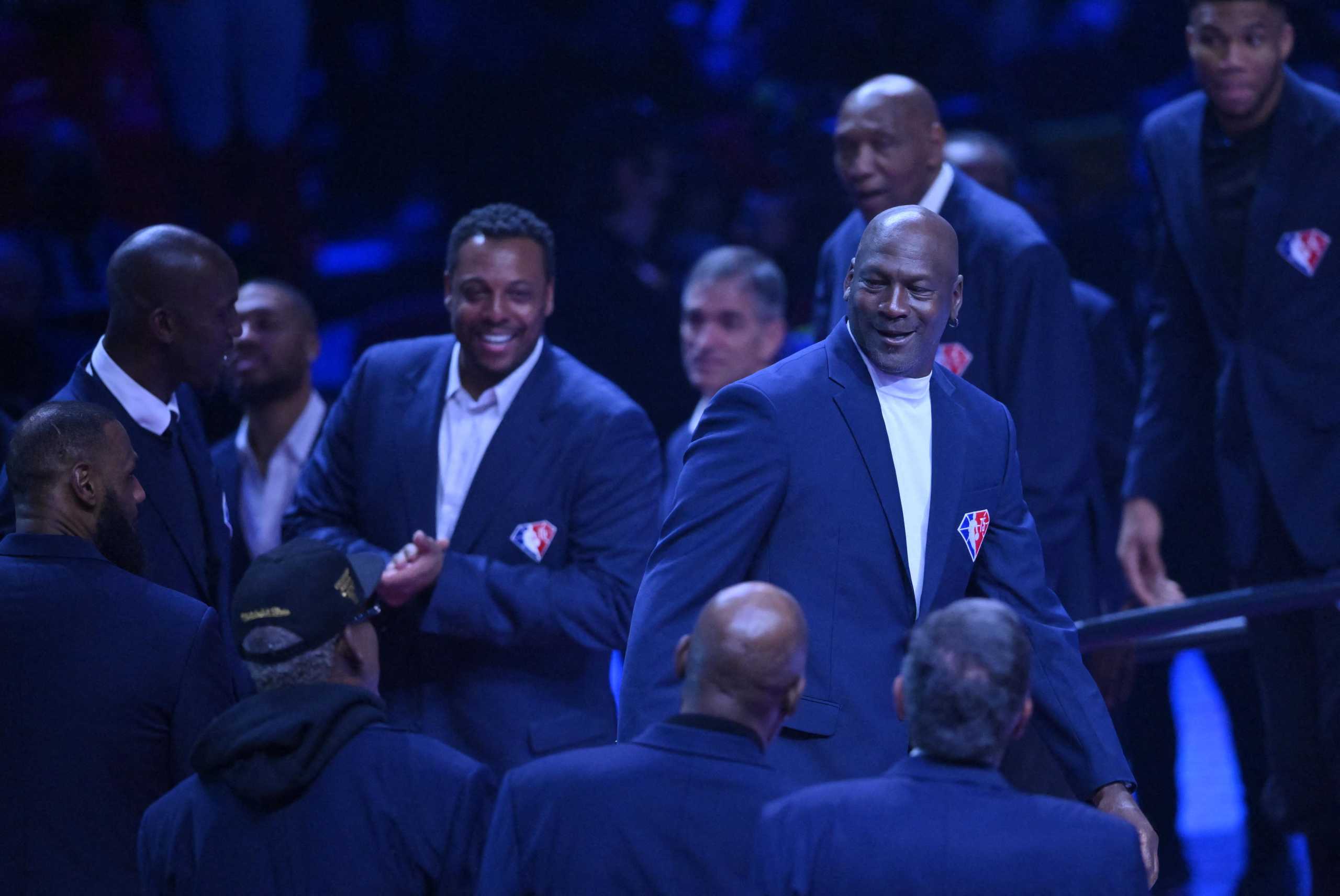 Feb 20, 2022; Cleveland, Ohio, USA; Michael Jordan at halftime during the 2022 NBA All-Star Game at Rocket Mortgage FieldHouse. Mandatory Credit: Kyle Terada-USA TODAY Sports