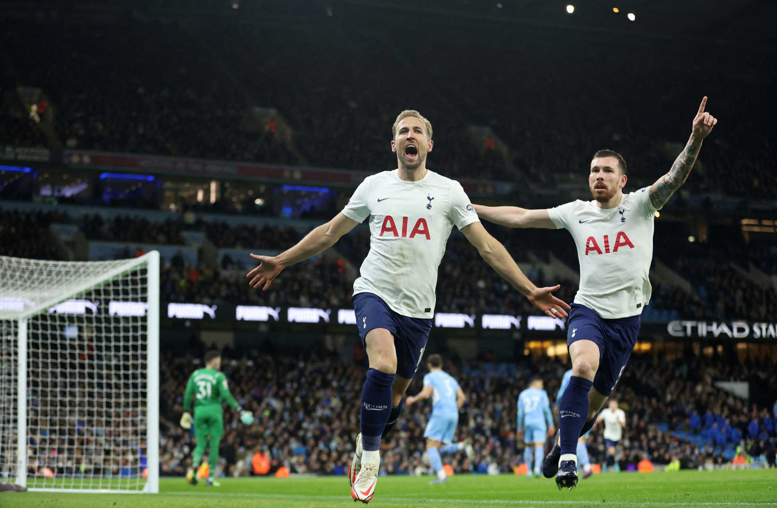 Soccer Football - Premier League - Manchester City v Tottenham Hotspur - Etihad Stadium, Manchester, Britain - February 19, 2022 Tottenham Hotspur's Harry Kane celebrates scoring their second goal Action Images via Reuters