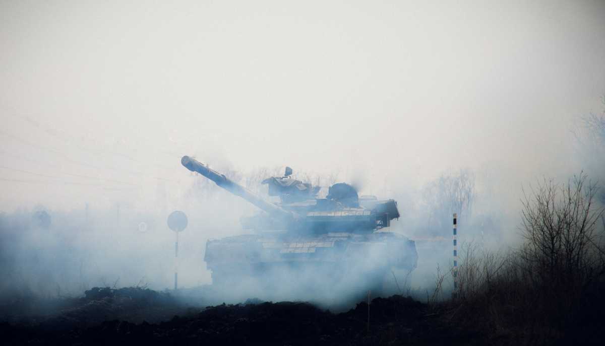 A tank of the Ukrainian Naval Infantry Corps (Marine Corps) is seen during drills at a training ground in an unknown location in Ukraine, in this handout picture released February 18, 2022. Press Service of the Ukrainian Naval Forces