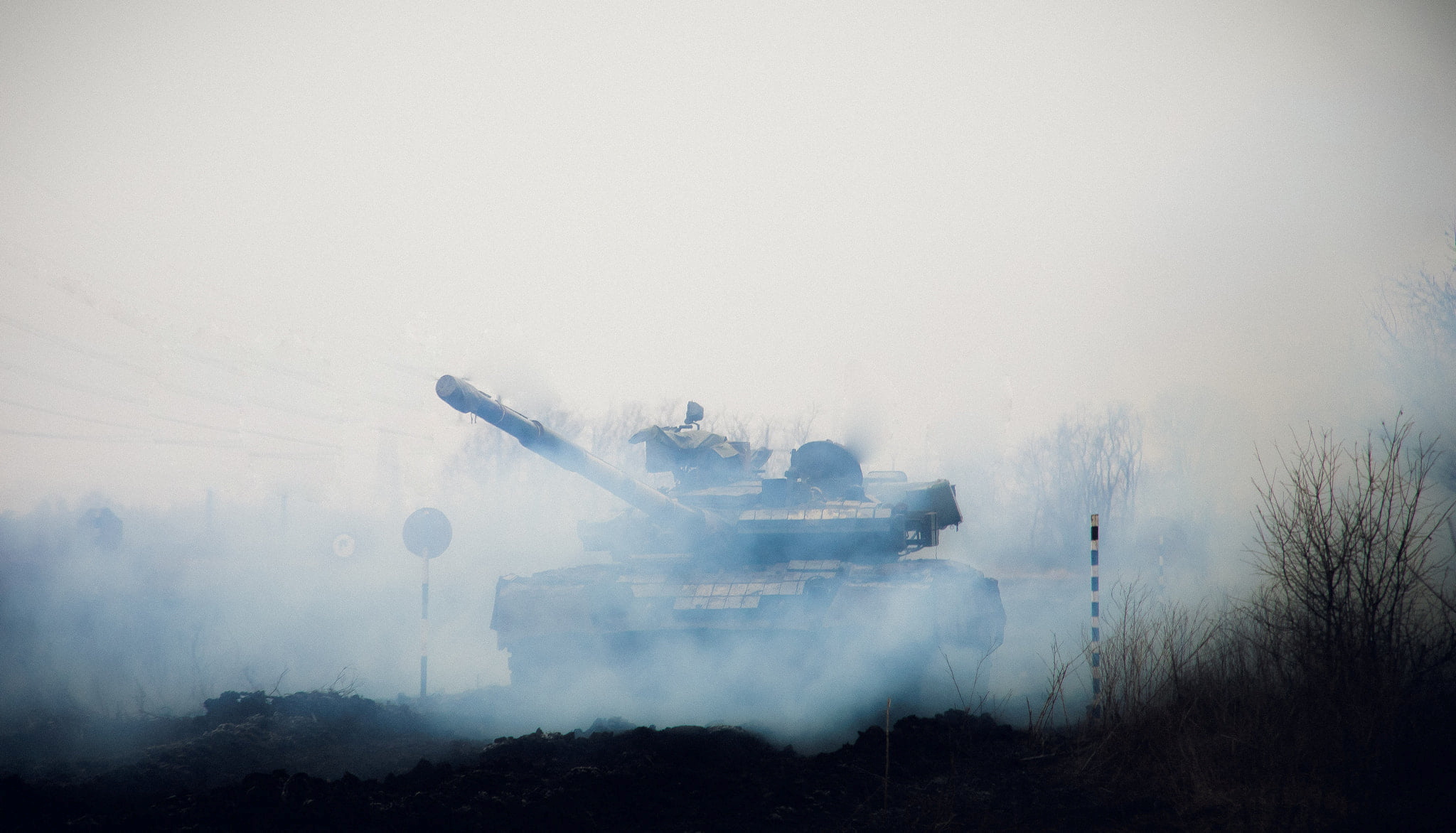 A tank of the Ukrainian Naval Infantry Corps (Marine Corps) is seen during drills at a training ground in an unknown location in Ukraine, in this handout picture released February 18, 2022. Press Service of the Ukrainian Naval Forces