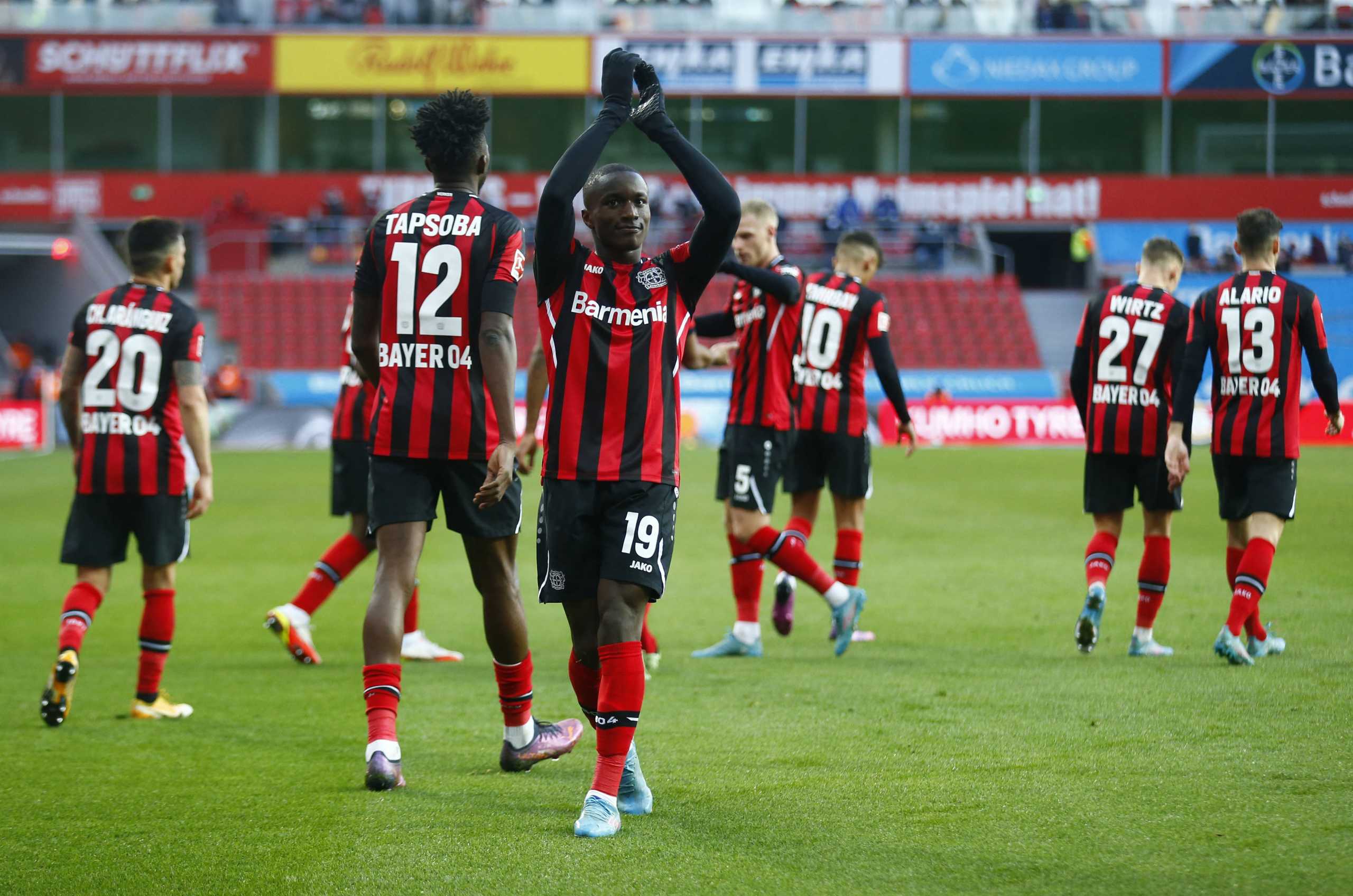 Soccer Football - Bundesliga - Bayer Leverkusen v Arminia Bielefeld - BayArena, Leverkusen, Germany - February 26, 2022 Bayer Leverkusen's Moussa Diaby celebrates scoring their third goal REUTERS