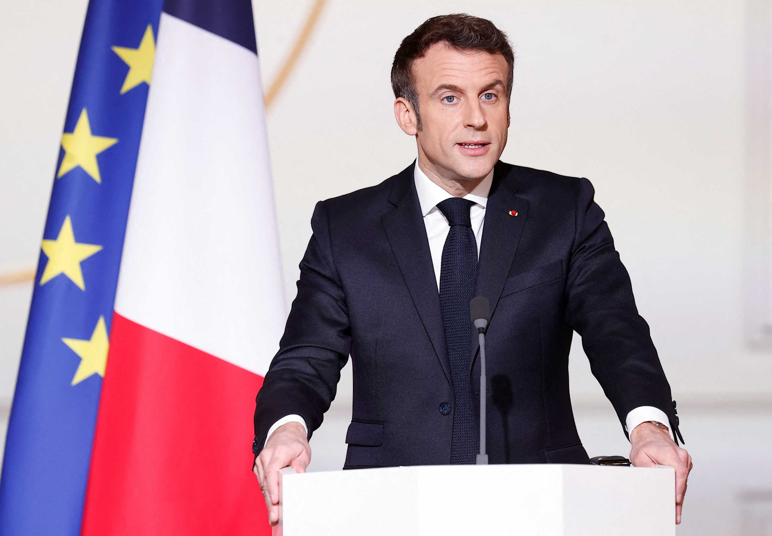 FILE PHOTO: French President Emmanuel Macron speaks at a press conference at the Elysee Palace, in Paris, France, February 17, 2022. EPA-EFE