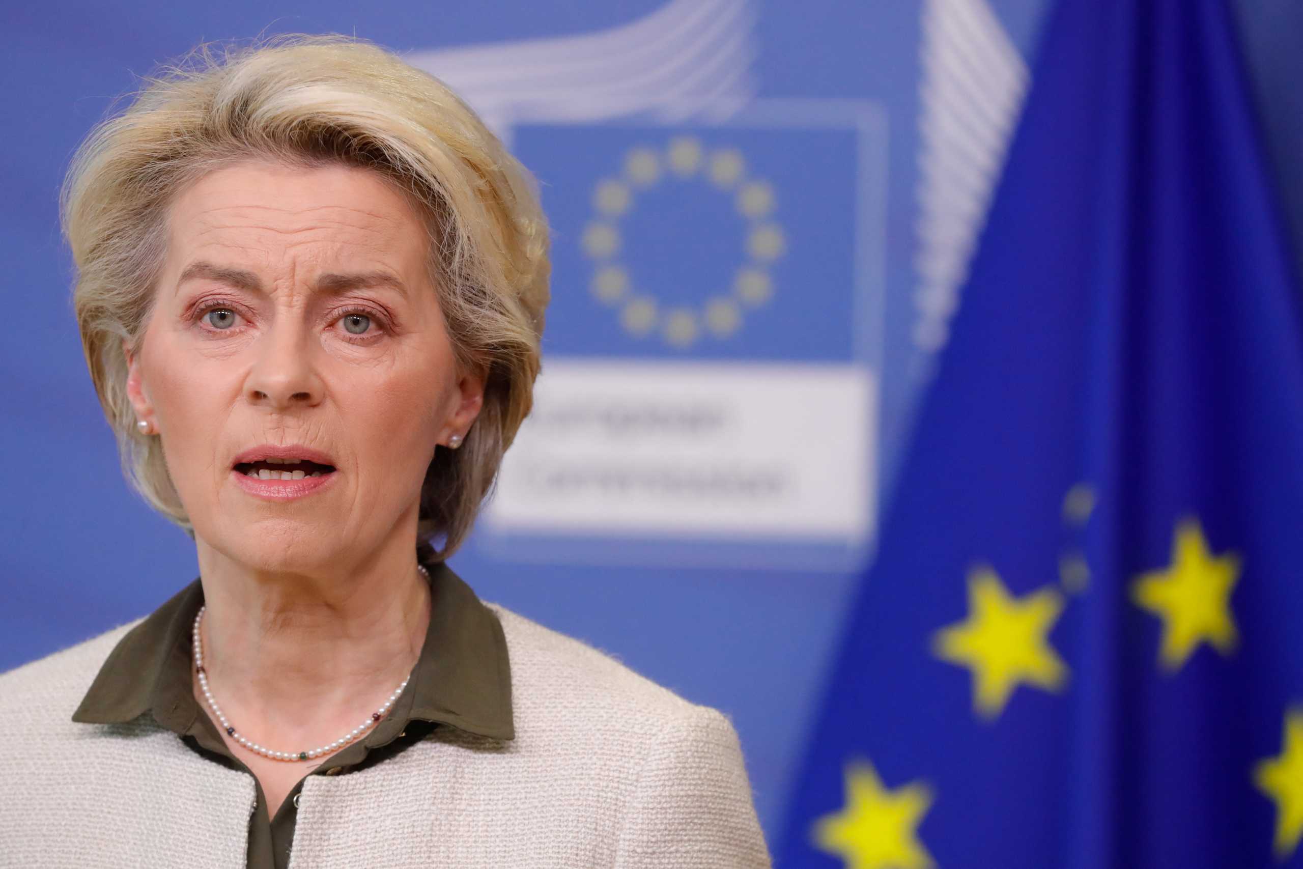 European Commission President Ursula von der Leyen speaks during a news conference with High Representative of the European Union for Foreign Affairs and Security Policy Josep Borrell, after Russia launched a massive military operation against Ukraine, in Brussels, Belgium, February 27, 2022.  Stephanie Lecocq