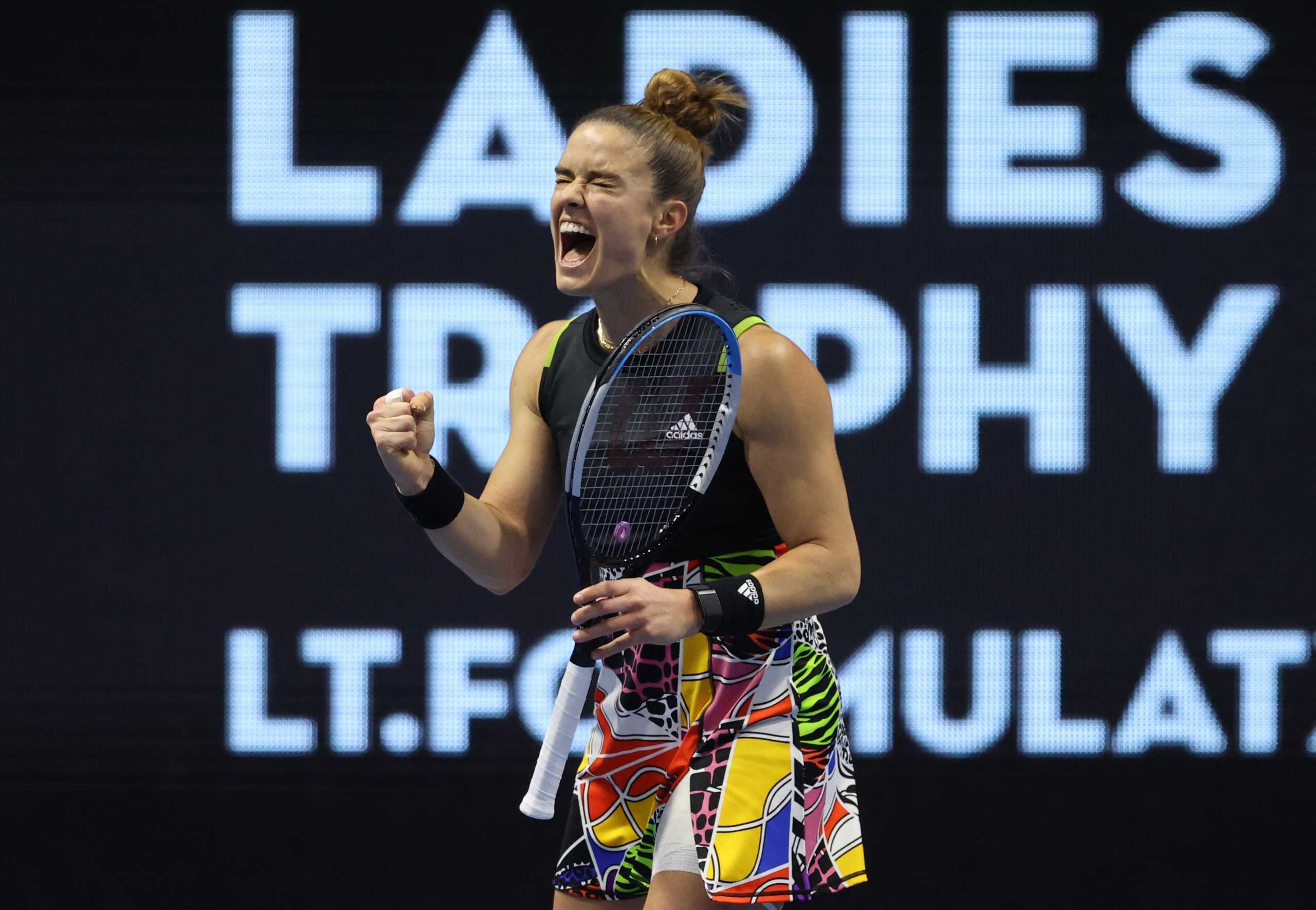 Tennis - WTA 500 - Saint Petersburg Ladies Trophy - Sibur Arena, Saint Petersburg, Russia - February 12, 2022 Greece's Maria Sakkari reacts during her semi final match against Romania's Irina-Camelia Begu REUTERS