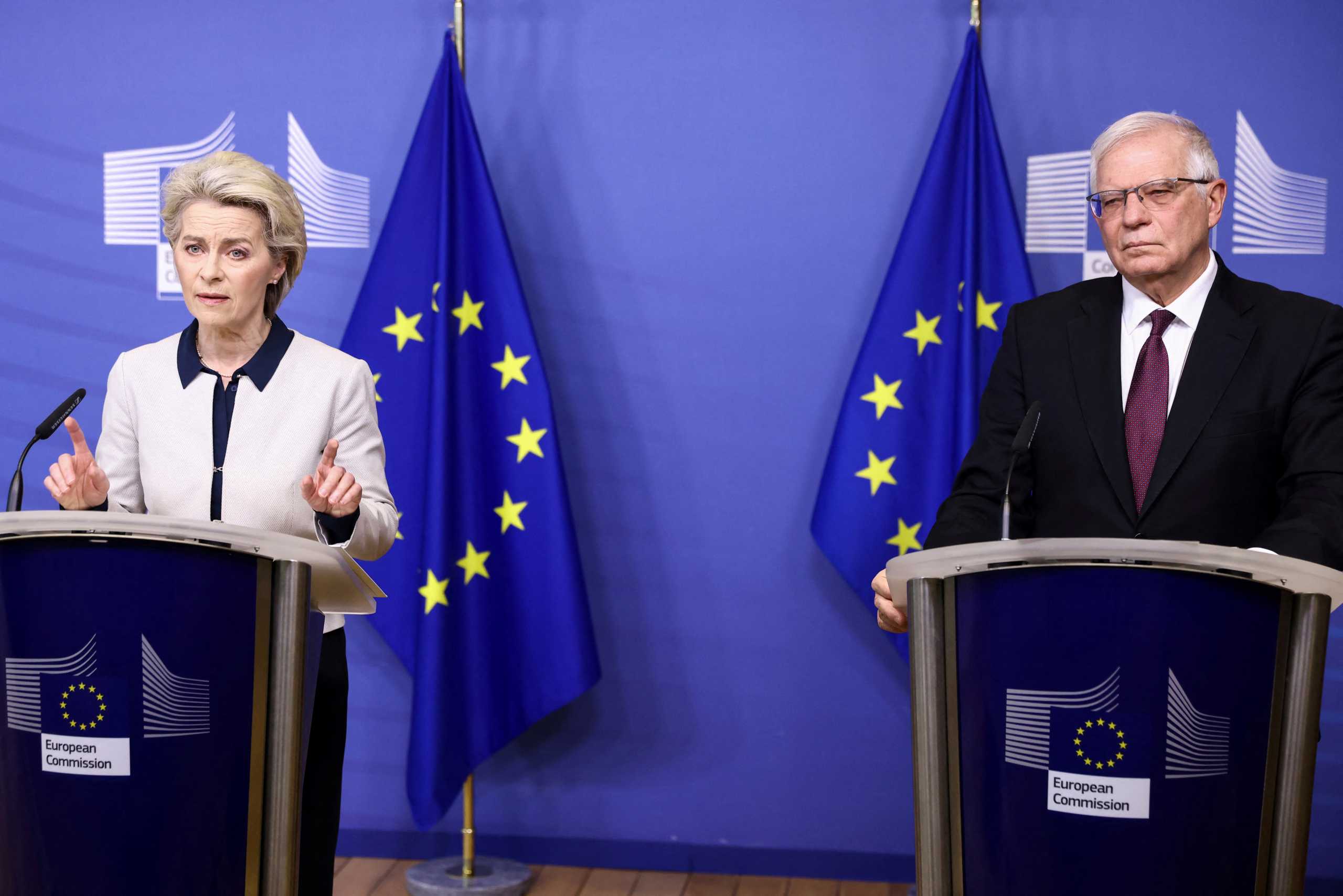 European Commission President Ursula von der Leyen and Vice-President In Charge of Foreign Policy Josep Borrell give a joint media statement on Russia's attack on Ukraine, in Brussels, Belgium February 24, 2022. Kenzo Tribouillard