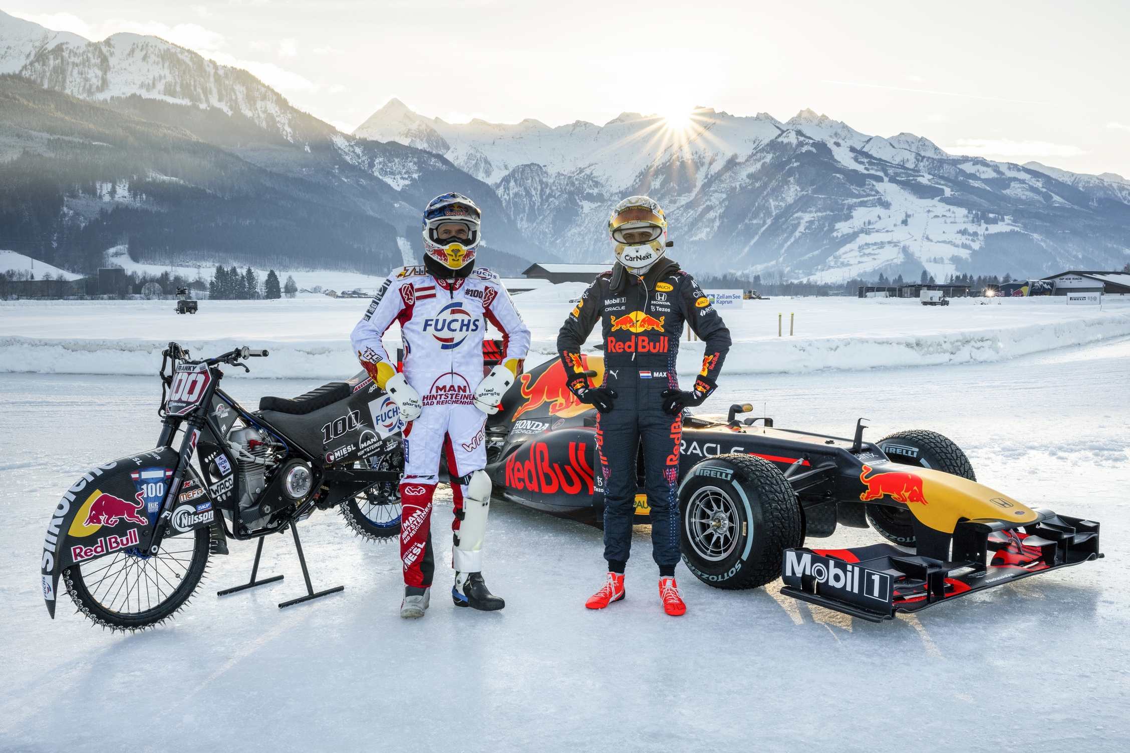 FIA Formula One World Champion Max Verstappen enjoyed his first track action of 2022 in an alpine day out with Austrian ice speedway star Franky Zorn, taking to the track in the driving exhibition hosted by the GP Ice Race circuit at Zell am See Airport. Verstappen savoured being back in a race car for his first laps since winning the F1 Drivers’ Championship at Abu Dhabi in December, while Zorn popped wheelies and slung his motorcycle to extreme angles around the curves. Although he’d never driven an F1 car on ice before, the Red Bull Racing star sped through a circuit built out of ice on specially designed spiked tyres, with his helmet and race car carrying the number '1' for the very first time.