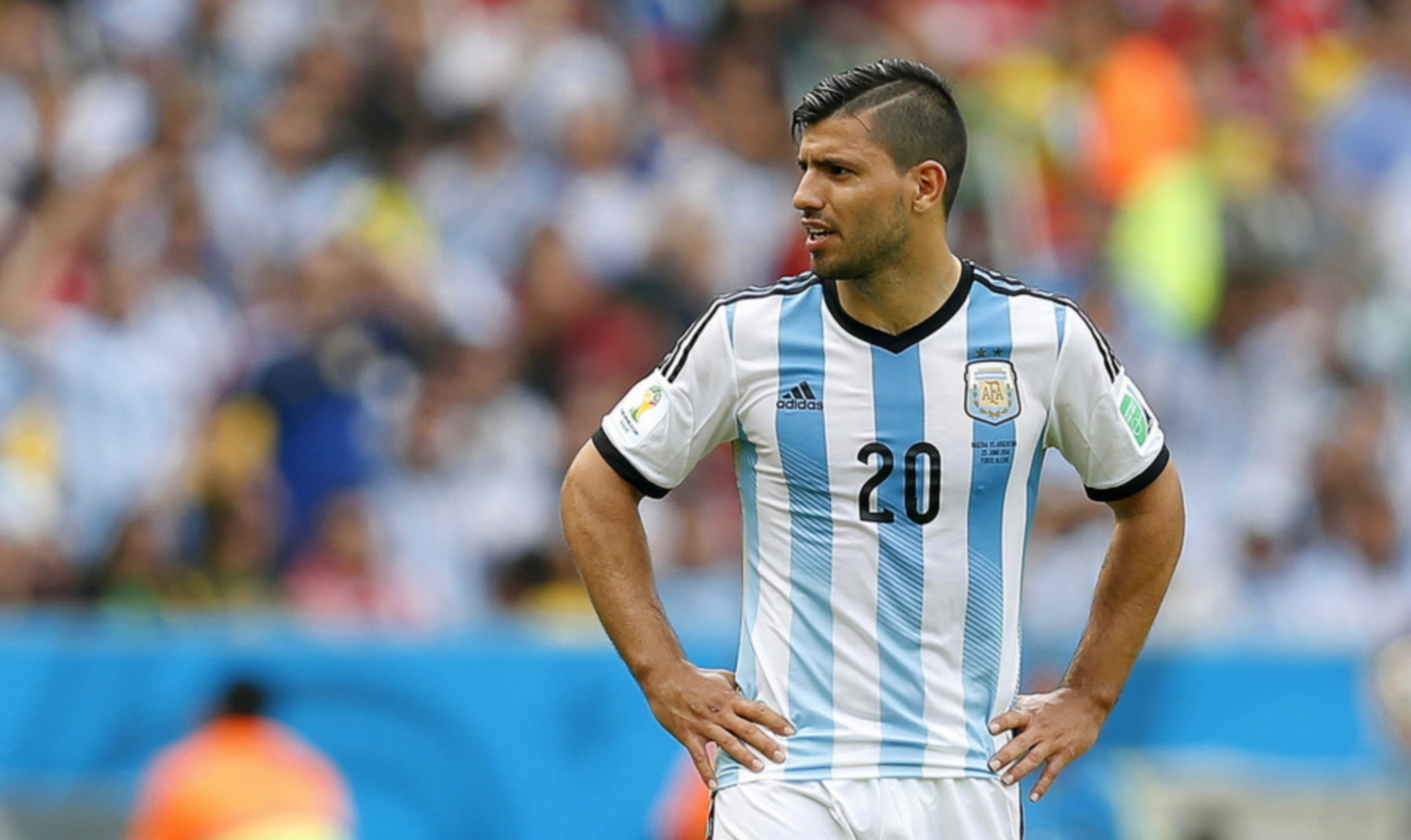 epa09642891 (FILE) - Sergio Aguero of Argentina reacts during the FIFA World Cup 2014 group F preliminary round match between Nigeria and Argentina in Porto Alegre, Brazil, 25 June 2014 (re-issued on 15 December 2021). Argentinian striker Sergio 'Kun' Aguero announced his retirement during a press conference in Barcelona, Spain, on 15 December 2021.  EPA
