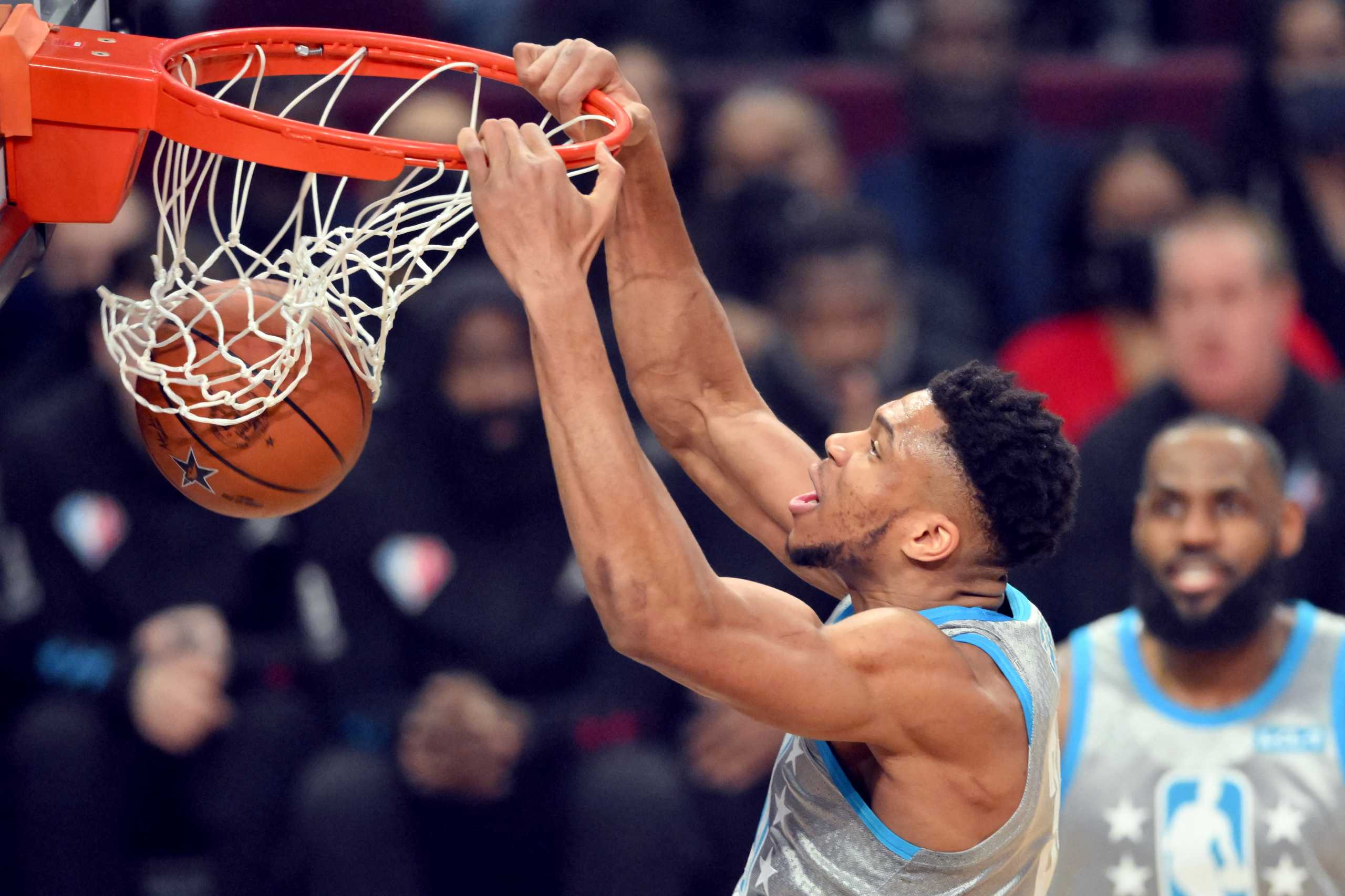 Feb 20, 2022; Cleveland, Ohio, USA; Team LeBron forward Giannis Antetokounmpo (34) shoots against Team Durant in the first quarter during the 2022 NBA All-Star Game at Rocket Mortgage FieldHouse. Mandatory Credit: David Richard-USA TODAY Sports