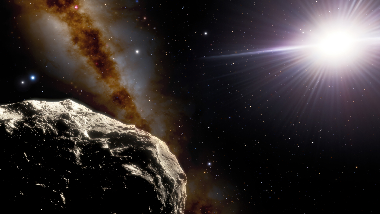 Using the 4.1-meter SOAR (Southern Astrophysical Research) Telescope on Cerro Pachón in Chile, astronomers have confirmed that an asteroid discovered in 2020 by the Pan-STARRS1 survey, called 2020 XL5, is an Earth Trojan (an Earth companion following the same path around the Sun as Earth does) and revealed that it is much larger than the only other Earth Trojan known. In this illustration, the asteroid is shown in the foreground in the lower left. The two bright points above it on the far left are Earth (right) and the Moon (left). The Sun appears on the right. 