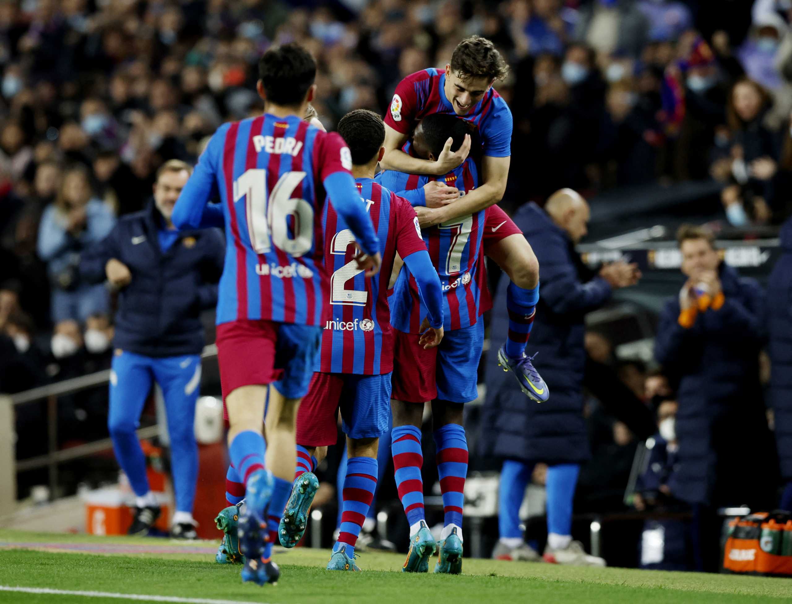 Soccer Football - LaLiga - FC Barcelona v Athletic Bilbao, Camp Nou, Barcelona, Spain, February  27, 2022 FC Barcelona's Ousmane Dembele celebrates scoring their second goal with teammates REUTERS
