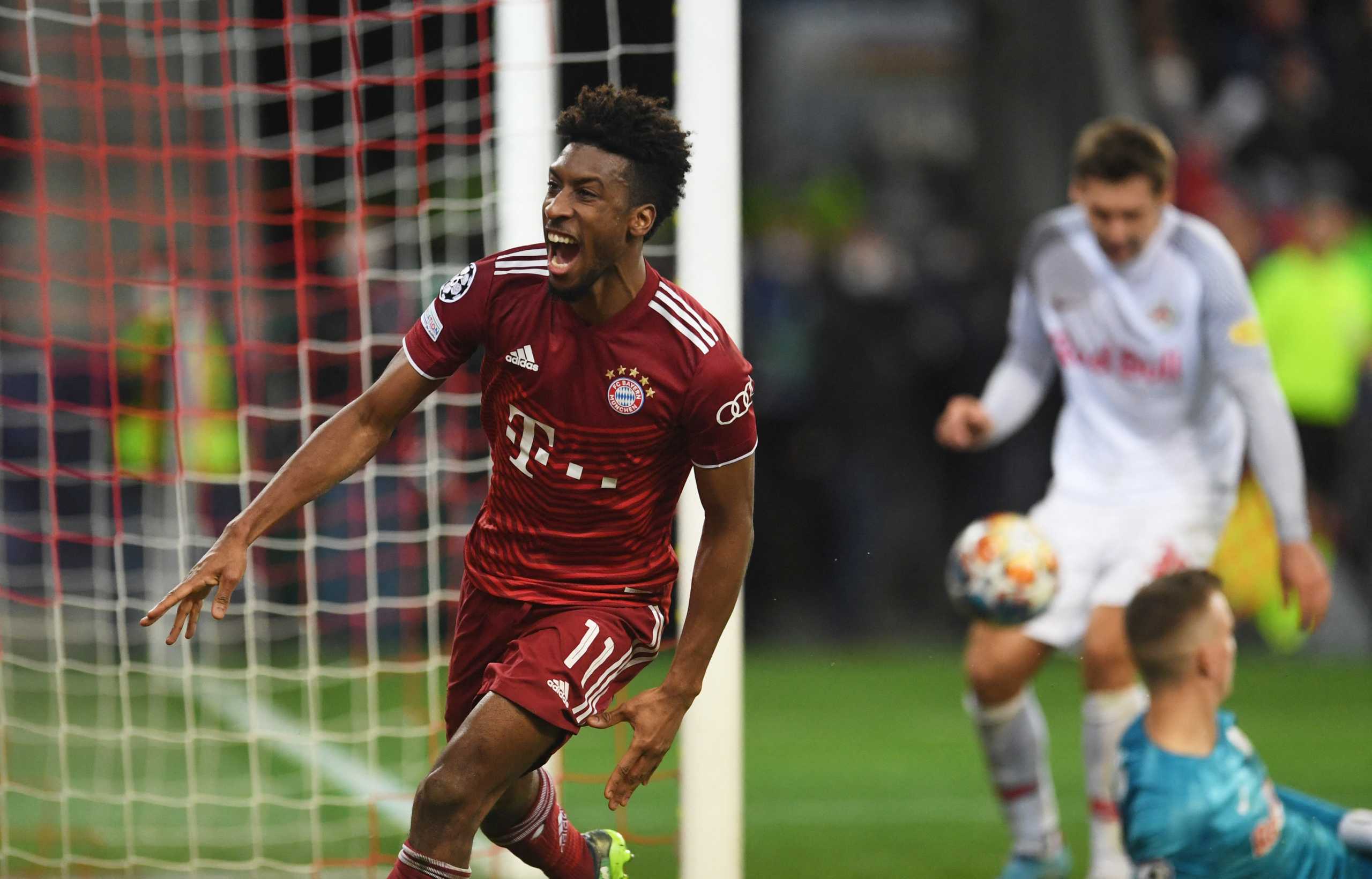 Soccer Football - Champions League - Round of 16 First Leg - FC Salzburg v Bayern Munich - Red Bull Arena Salzburg, Salzburg, Austria - February 16, 2022  Bayern Munich's Kingsley Coman celebrates scoring their first goal REUTERS