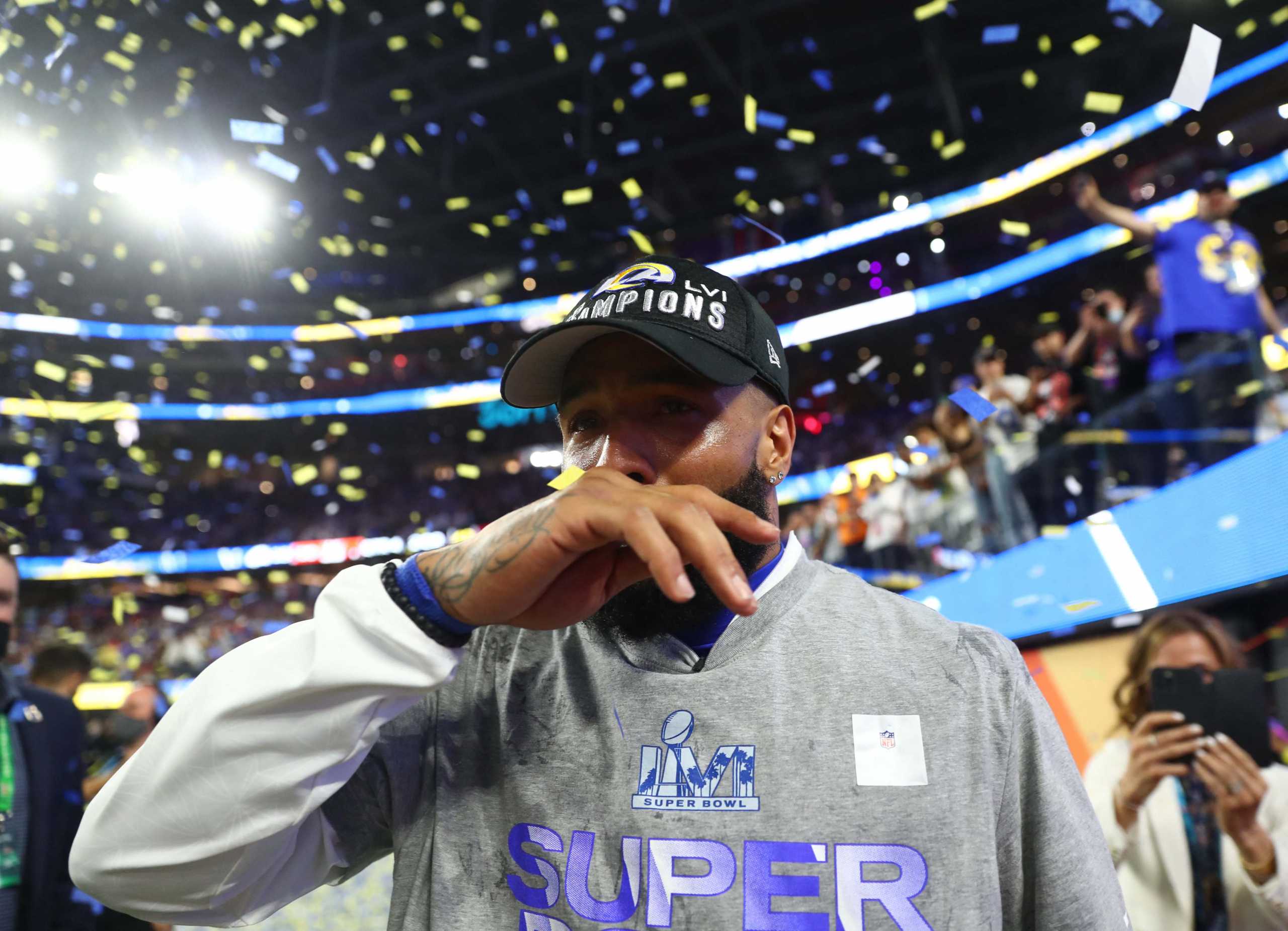 Feb 13, 2022; Inglewood, CA, USA; Los Angeles Rams wide receiver Odell Beckham Jr. celebrates after defeating the Cincinnati Bengals in Super Bowl LVI at SoFi Stadium. Mandatory Credit: Mark J. Rebilas-USA TODAY Sports