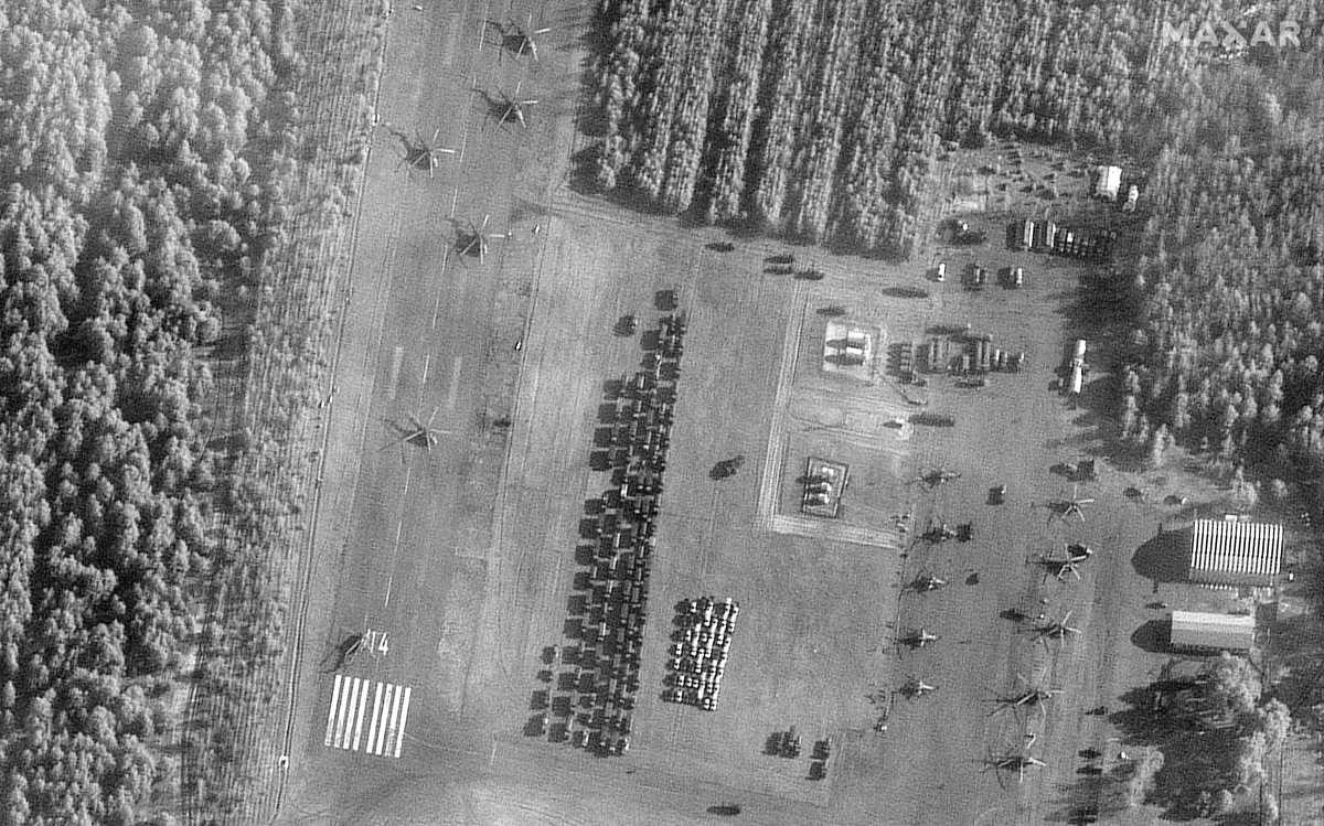 Satellite imagery shows helicopters and vehicles at V D Bolshoy Bokov airfield, Belarus, near the border with Ukraine, in this handout satellite photo taken February 25, 2022.  Courtesy of Satellite image 2022 Maxar Technologies