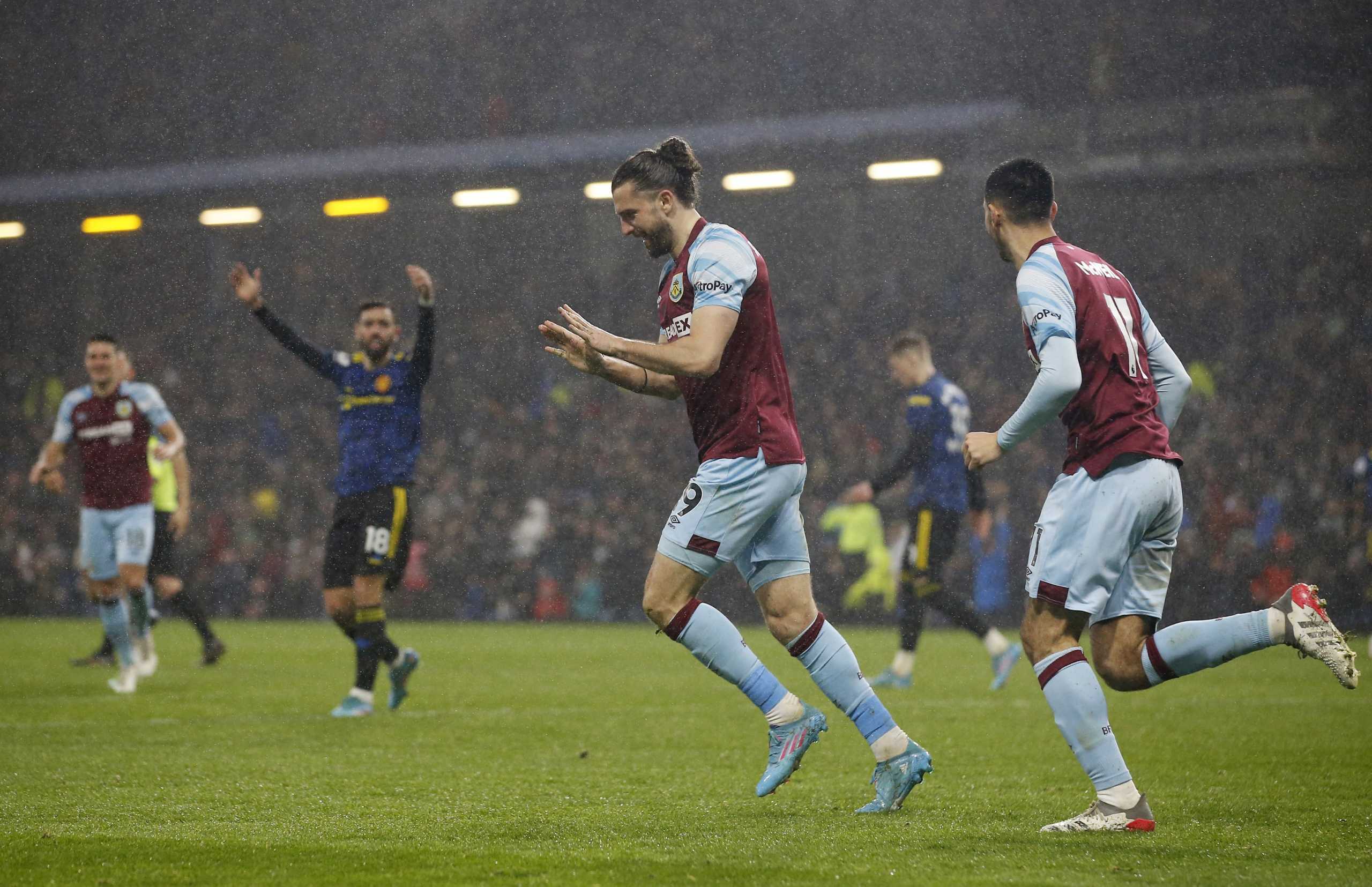 Soccer Football - Premier League - Burnley v Manchester United - Turf Moor, Burnley, Britain - February 8, 2022 Burnley's Jay Rodriguez celebrates scoring their first goal with Dwight McNeil REUTERS