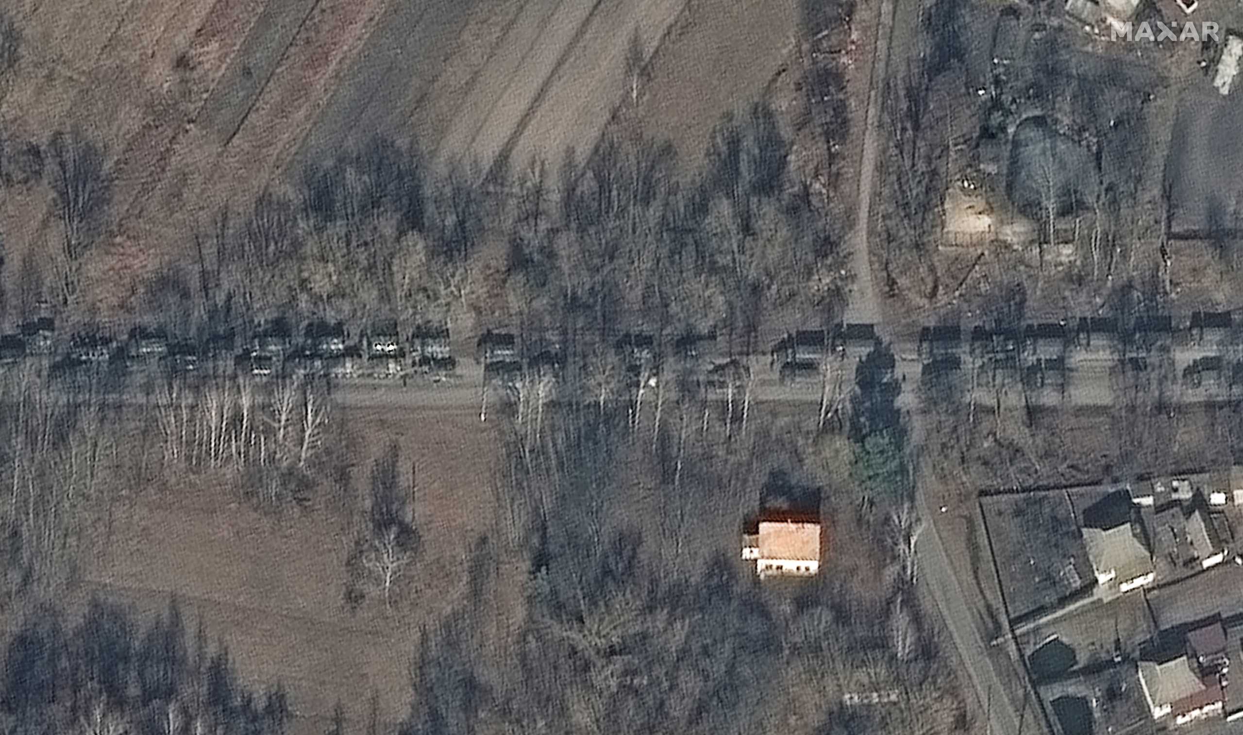A satellite image shows Russian ground forces northeast of Ivankiv heading in the direction of Kyiv, Ukraine, February 27, 2022. Satellite image ©2022 Maxar Technologies