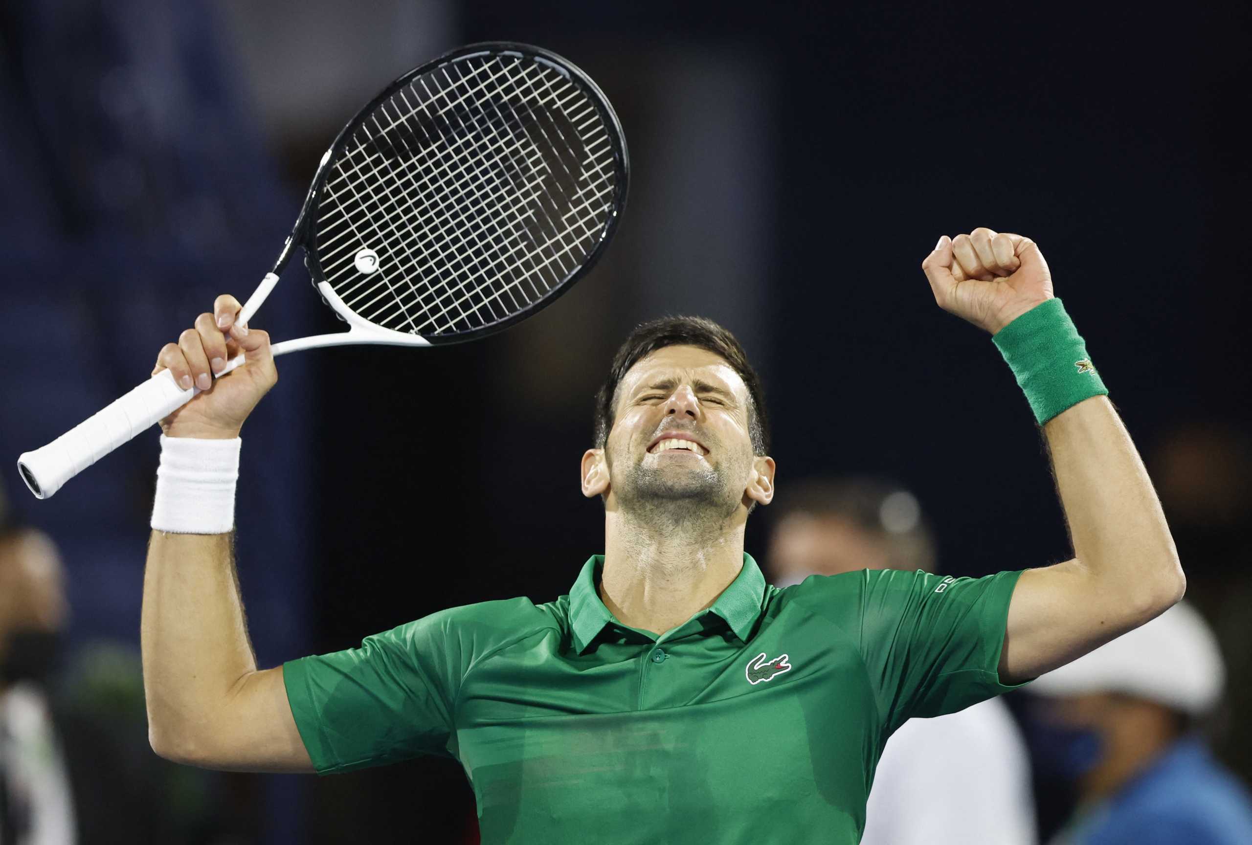 Tennis - ATP 500 - Dubai Tennis Championships - Aviation Club Tennis Centre, Dubai, United Arab Emirates - February 21, 2022 Serbia's Novak Djokovic celebrates winning his first round match against Italy's Lorenzo Musetti REUTERS