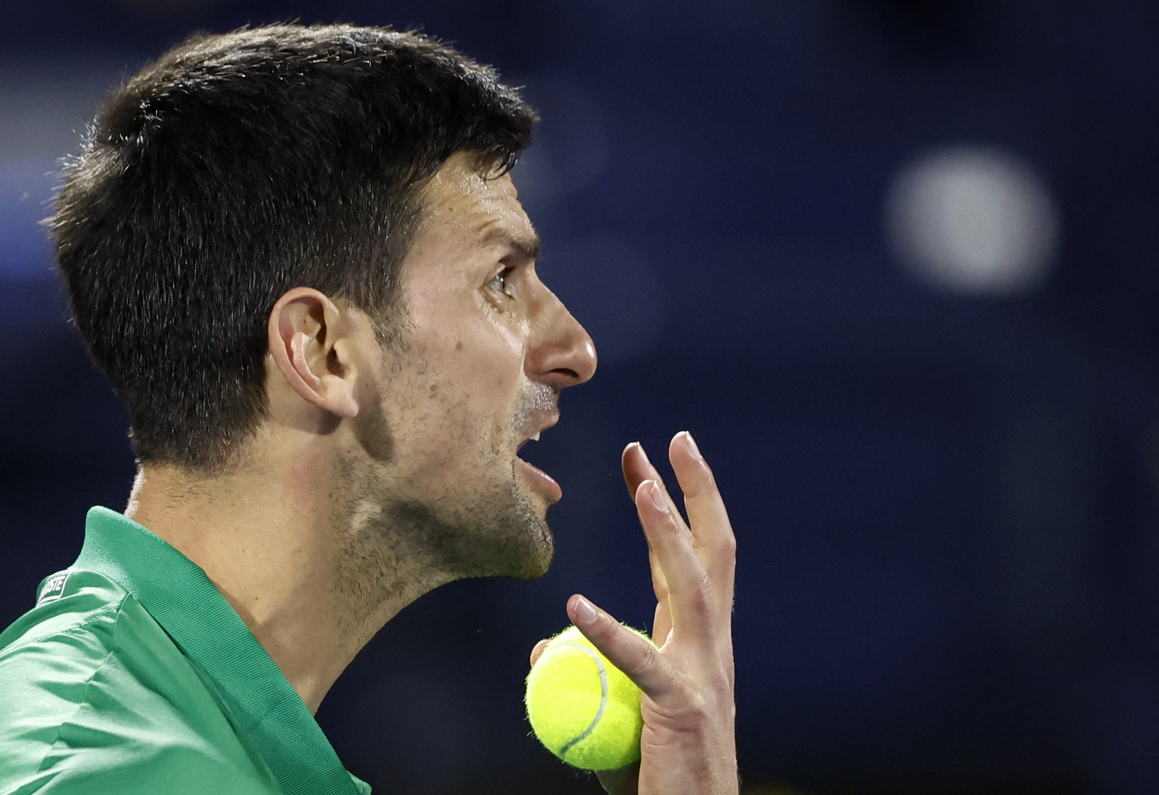 Tennis - ATP 500 - Dubai Tennis Championships - Aviation Club Tennis Centre, Dubai, United Arab Emirates - February 21, 2022 Serbia's Novak Djokovic reacts during his first round match against Italy's Lorenzo Musetti REUTERS