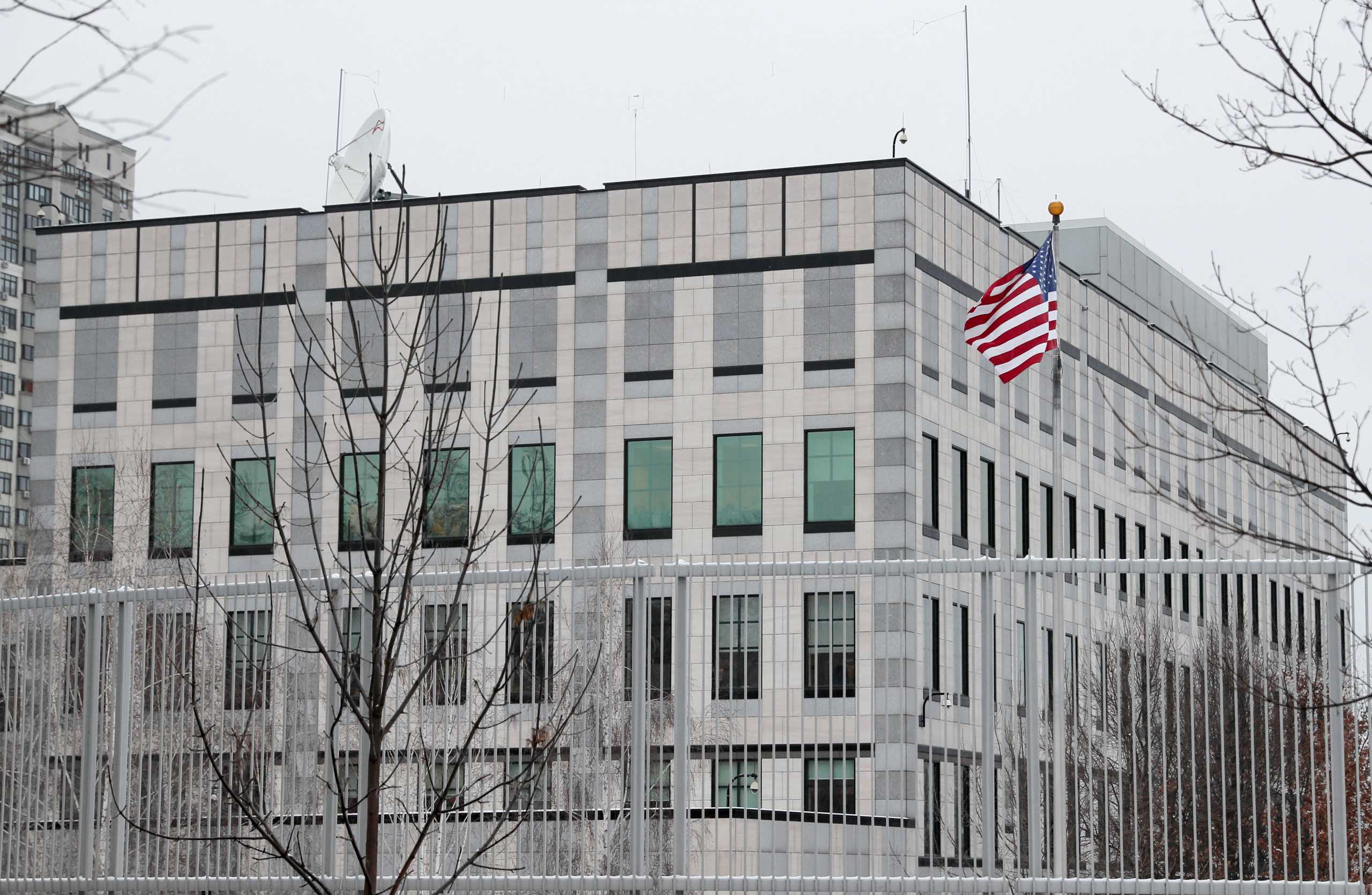 A view shows the U.S. embassy in Kyiv, Ukraine January 24, 2022. The United States said in a statement it was ordering the departure of eligible family members of staff from its embassy in Ukraine and said all citizens should consider leaving due to the threat of military action from Russia. REUTERS