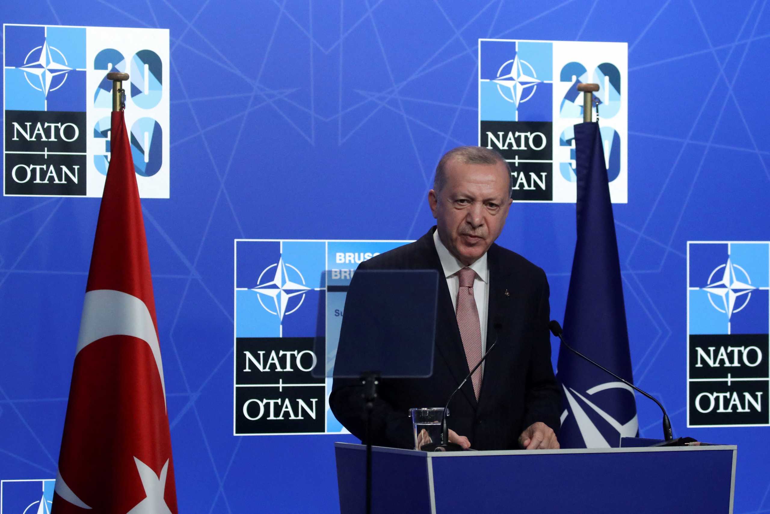 FILE PHOTO: Turkey's President Tayyip Erdogan holds a news conference during the NATO summit at the Alliance's headquarters in Brussels, Belgium June 14, 2021. REUTERS