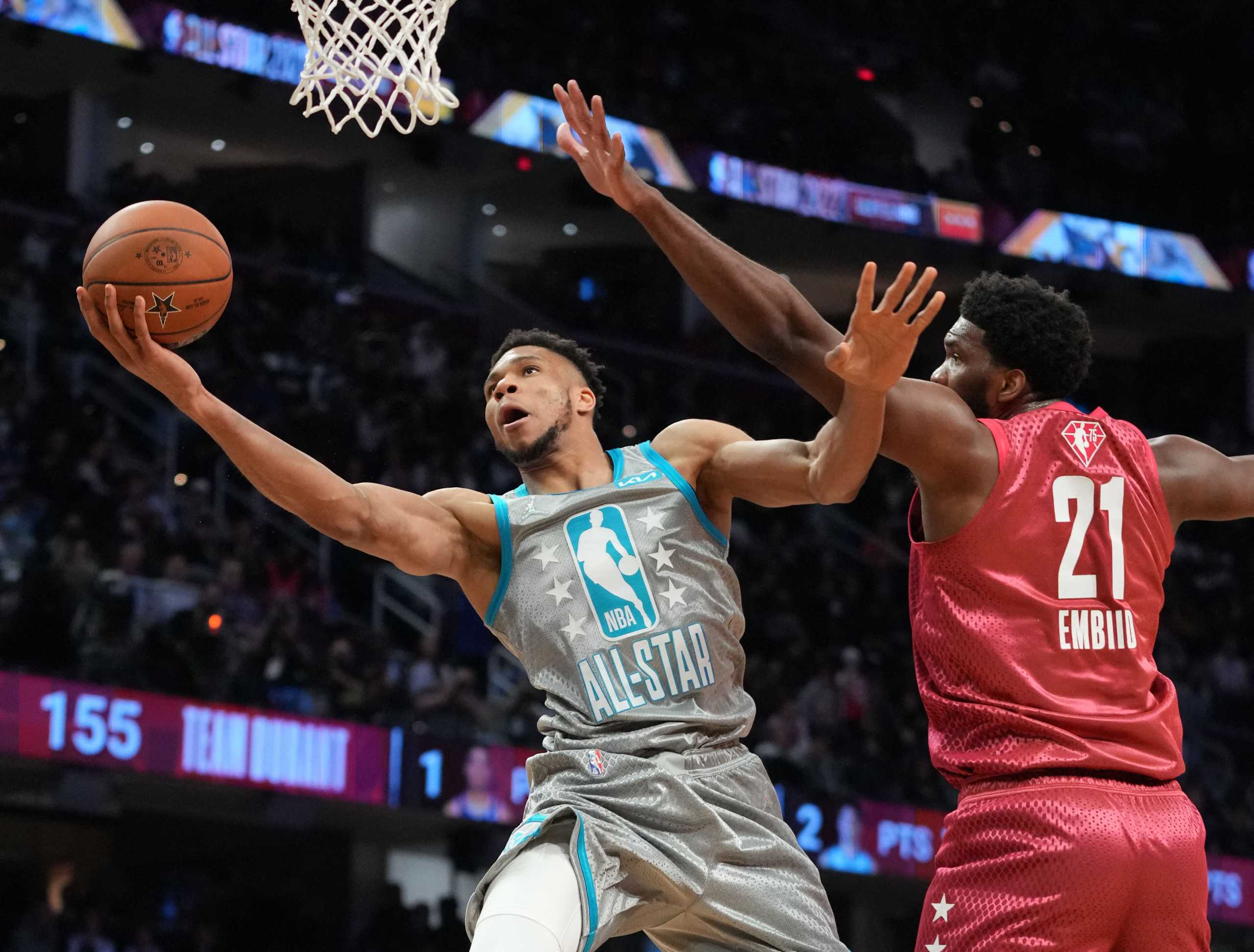 Feb 20, 2022; Cleveland, Ohio, USA;  Team LeBron forward Giannis Antetokounmpo (34) shoots against Team Durant center Joel Embiid (21) during the fourth quarter of the 2022 NBA All-Star Game at Rocket Mortgage FieldHouse. Mandatory Credit: Kyle Terada-USA TODAY Sports