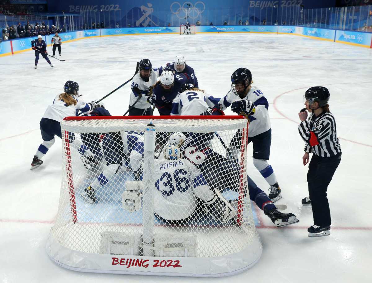 2022 Beijing Olympics - Ice Hockey - Women's Play-offs Semifinals - United States vs Finland - Wukesong Sports Centre, Beijing, China - February 14, 2022. Anni Keisala of Finland in action. REUTERS