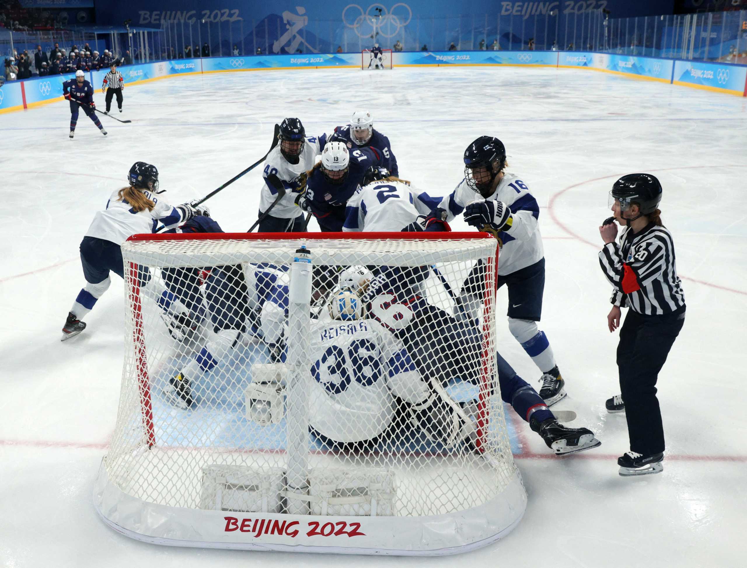 2022 Beijing Olympics - Ice Hockey - Women's Play-offs Semifinals - United States vs Finland - Wukesong Sports Centre, Beijing, China - February 14, 2022. Anni Keisala of Finland in action. REUTERS