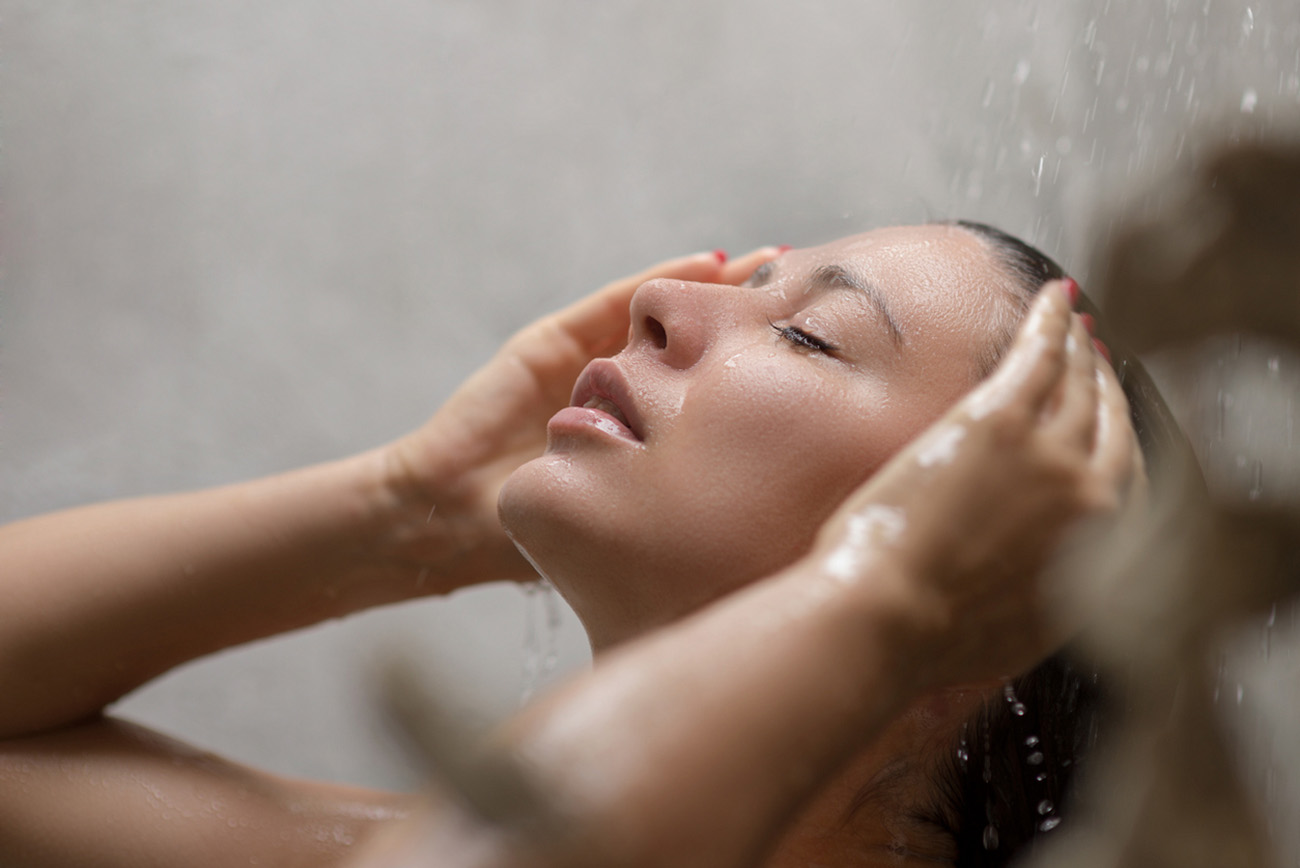 Girl in the shower, Portrait of a girl taking a shower, Girl washes her hair