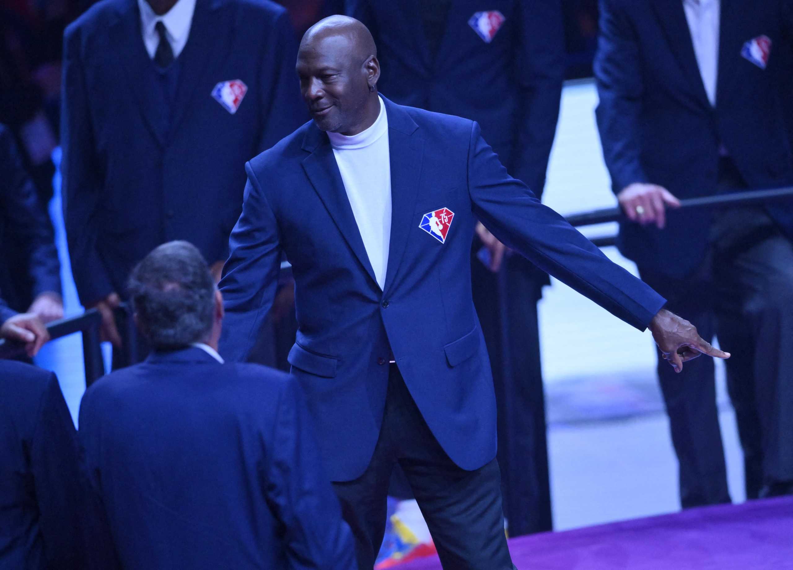 Feb 20, 2022; Cleveland, Ohio, USA; Michael Jordan at halftime during the 2022 NBA All-Star Game at Rocket Mortgage FieldHouse. Mandatory Credit: Kyle Terada-USA TODAY Sports