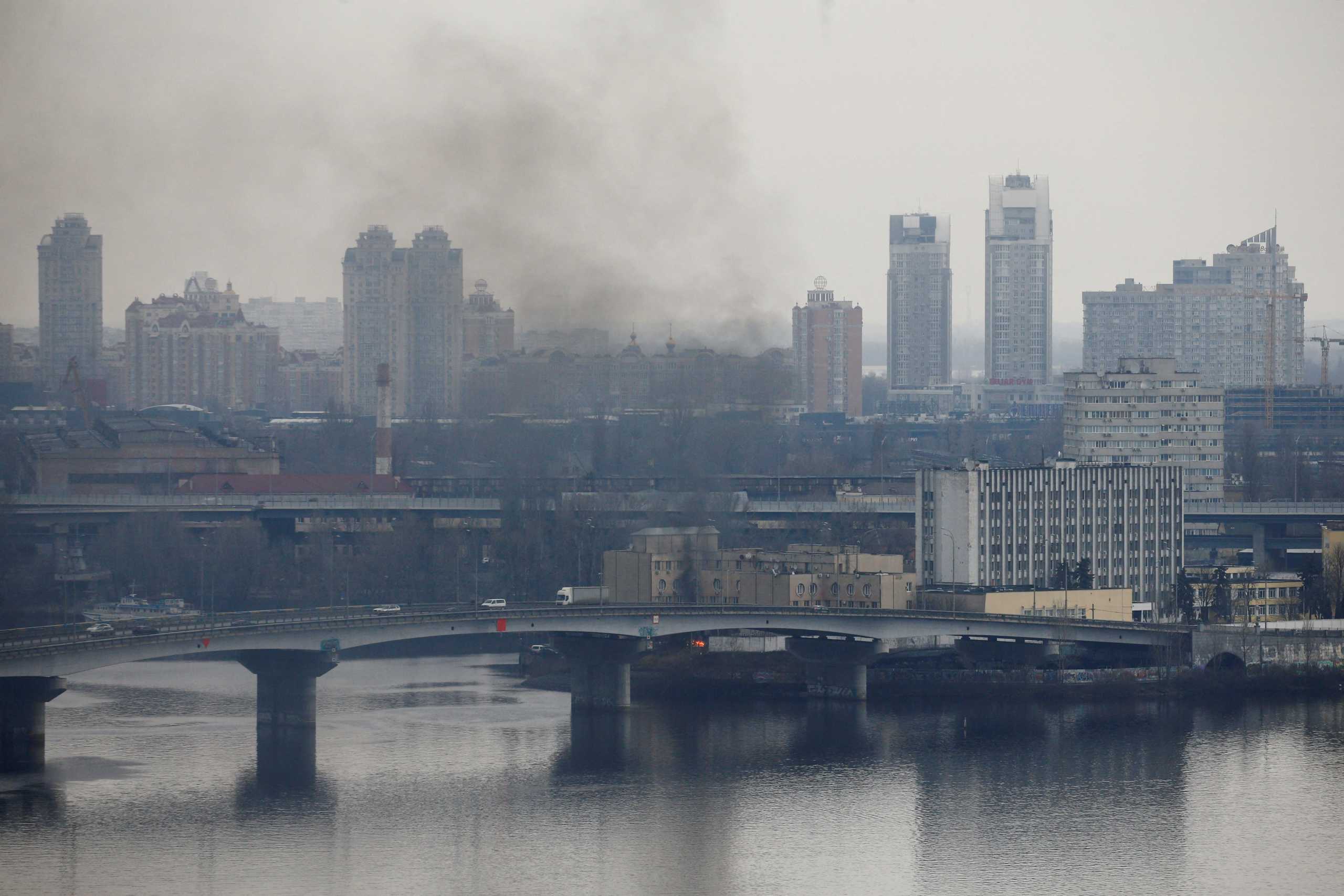 Smoke rises from the territory of the Ukrainian Defence Ministry's unit, after Russian President Vladimir Putin authorized a military operation in eastern Ukraine, in Kyiv, Ukraine February 24, 2022. REUTERS