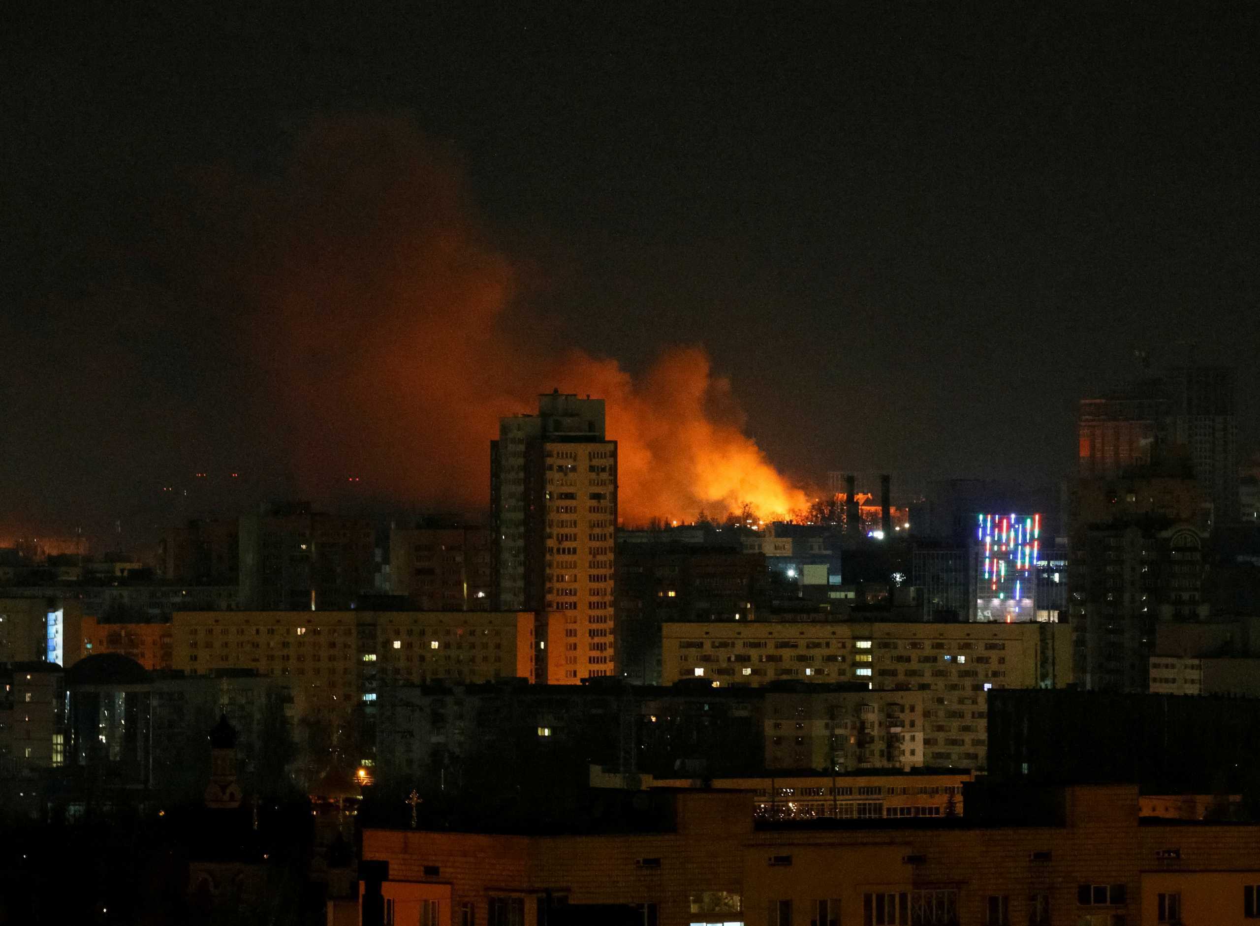 Smoke and flames rise over during the shelling near Kyiv, as Russia continues its invasion of Ukraine February 26, 2022. REUTERS