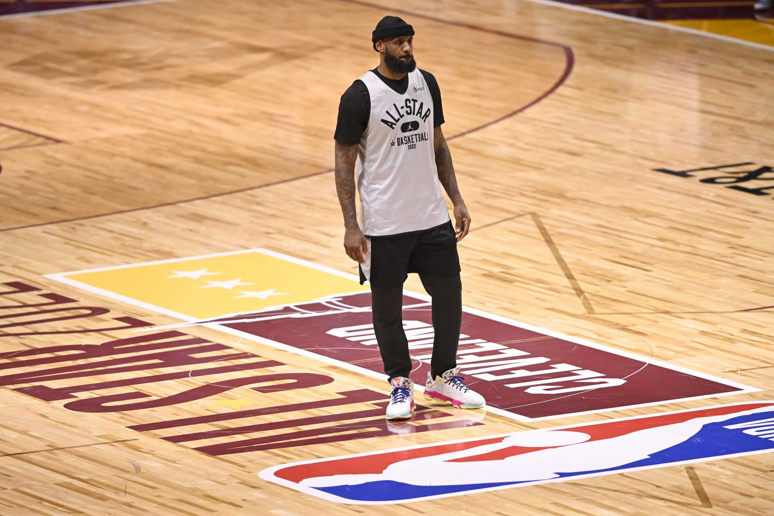 Feb 19, 2022; Cleveland, OH, USA; Los Angeles Lakers forward LeBron James stands on the court during the NBA All-Star practice at Wolstein Center. Mandatory Credit: David Richard-USA TODAY Sports
